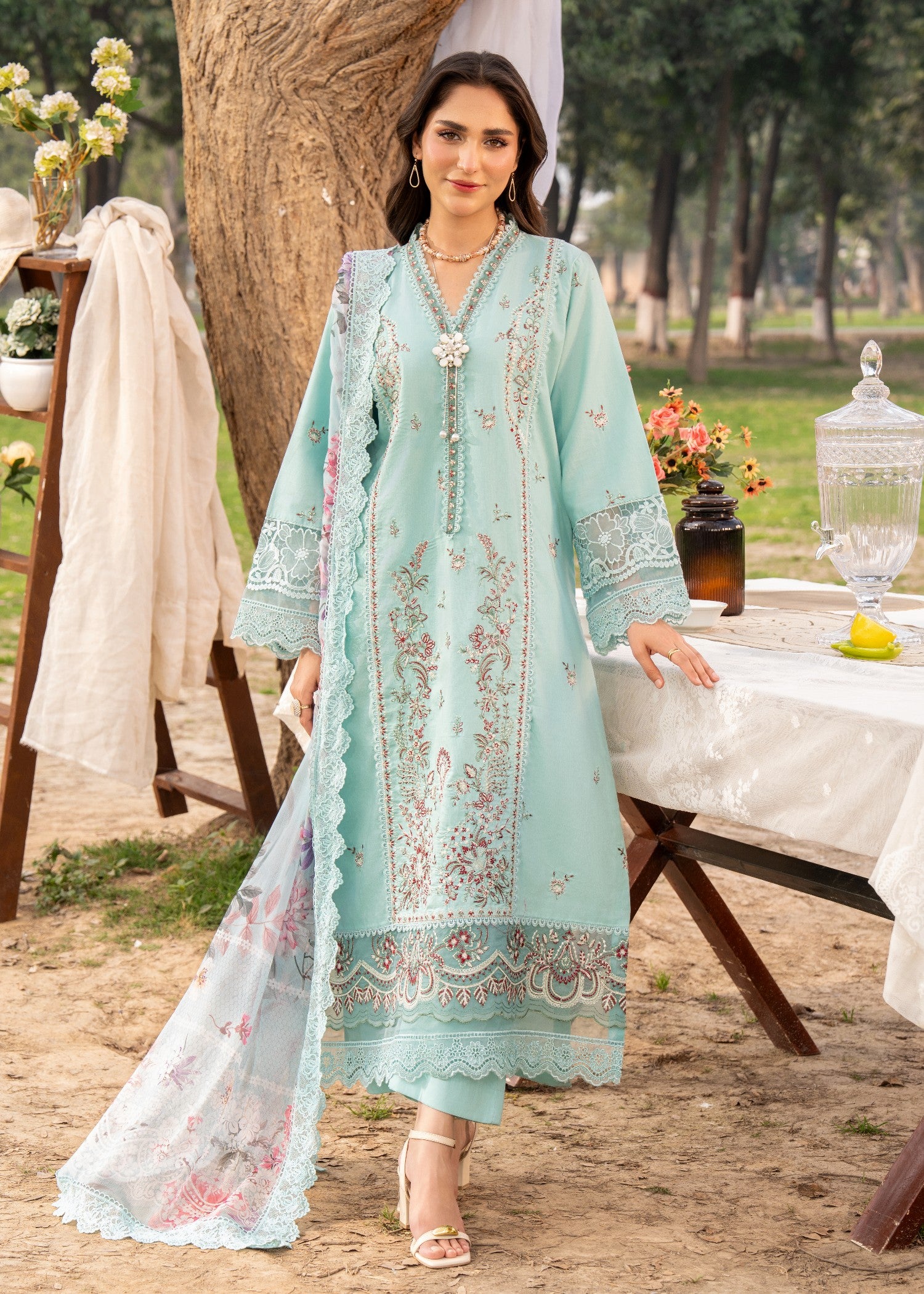 lawn Kurta Set in Light cyan
