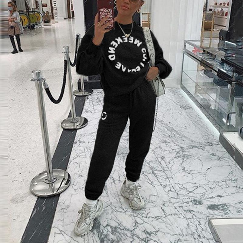 Letter Print Long-Sleeved Loose Casual Sweater Suit