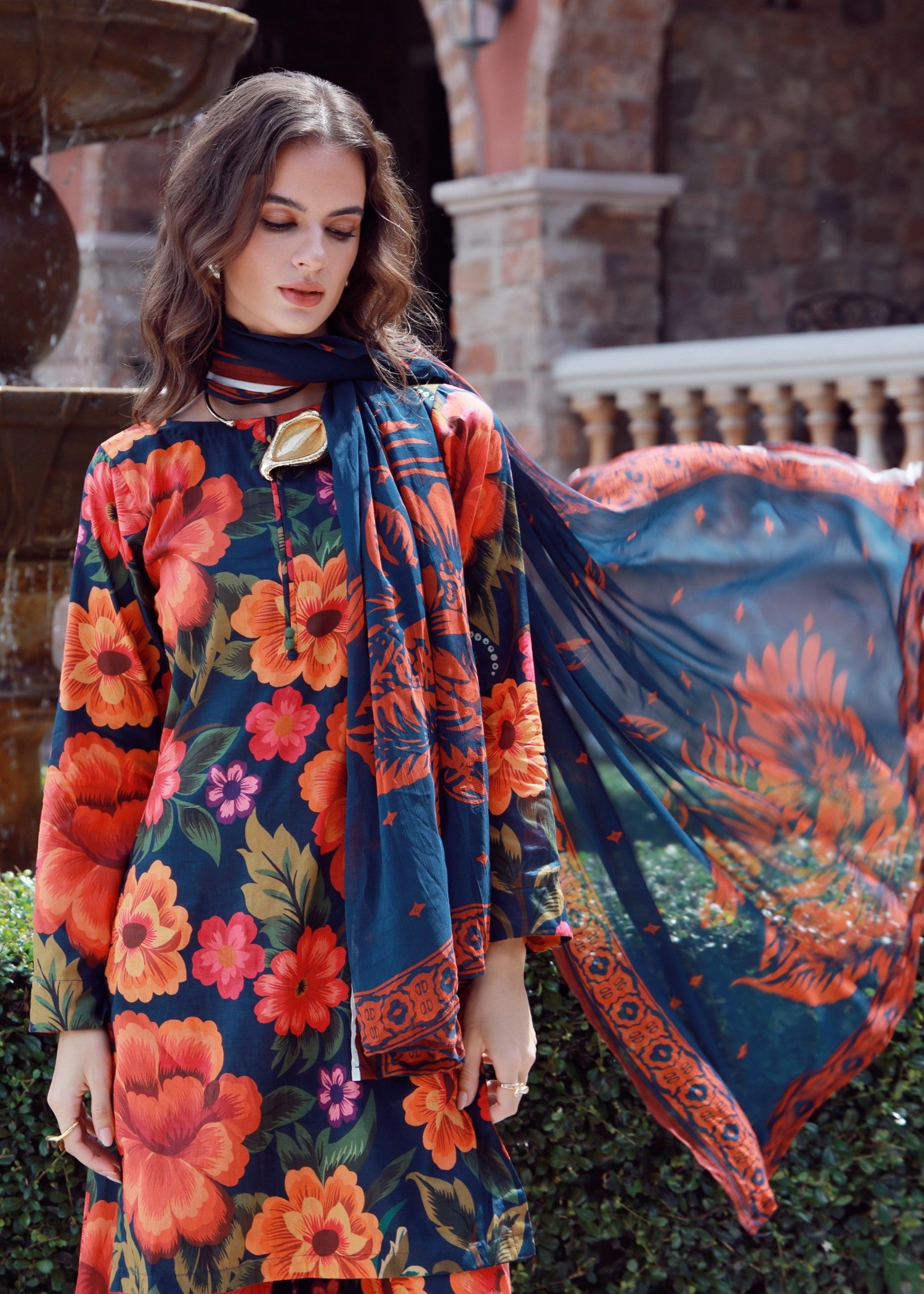 lawn Sharara in Orange, pumpkin orange