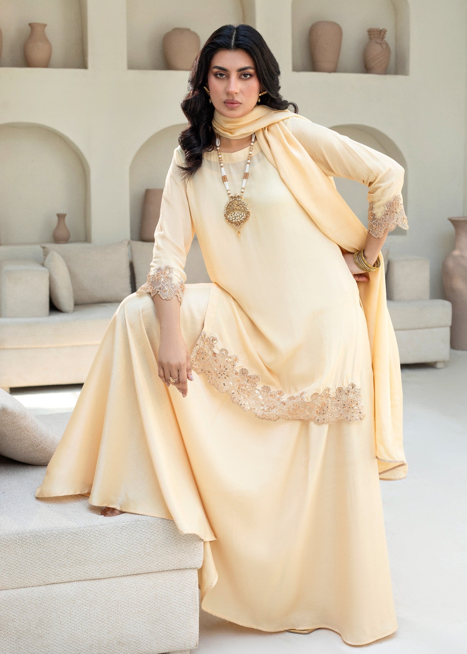 silk Lehenga in Cream