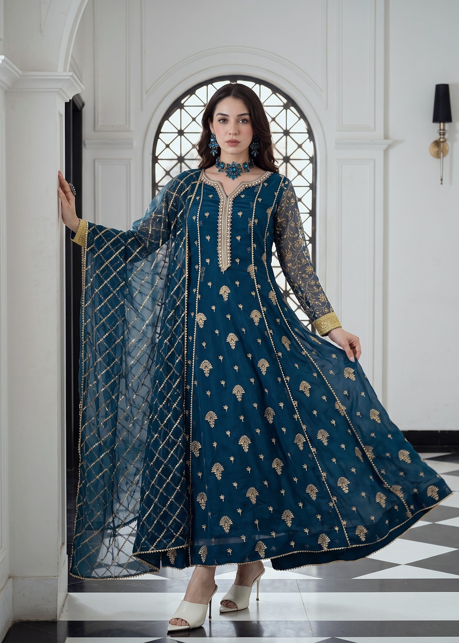 chiffon Anarkali in Prussian blue, twilight blue