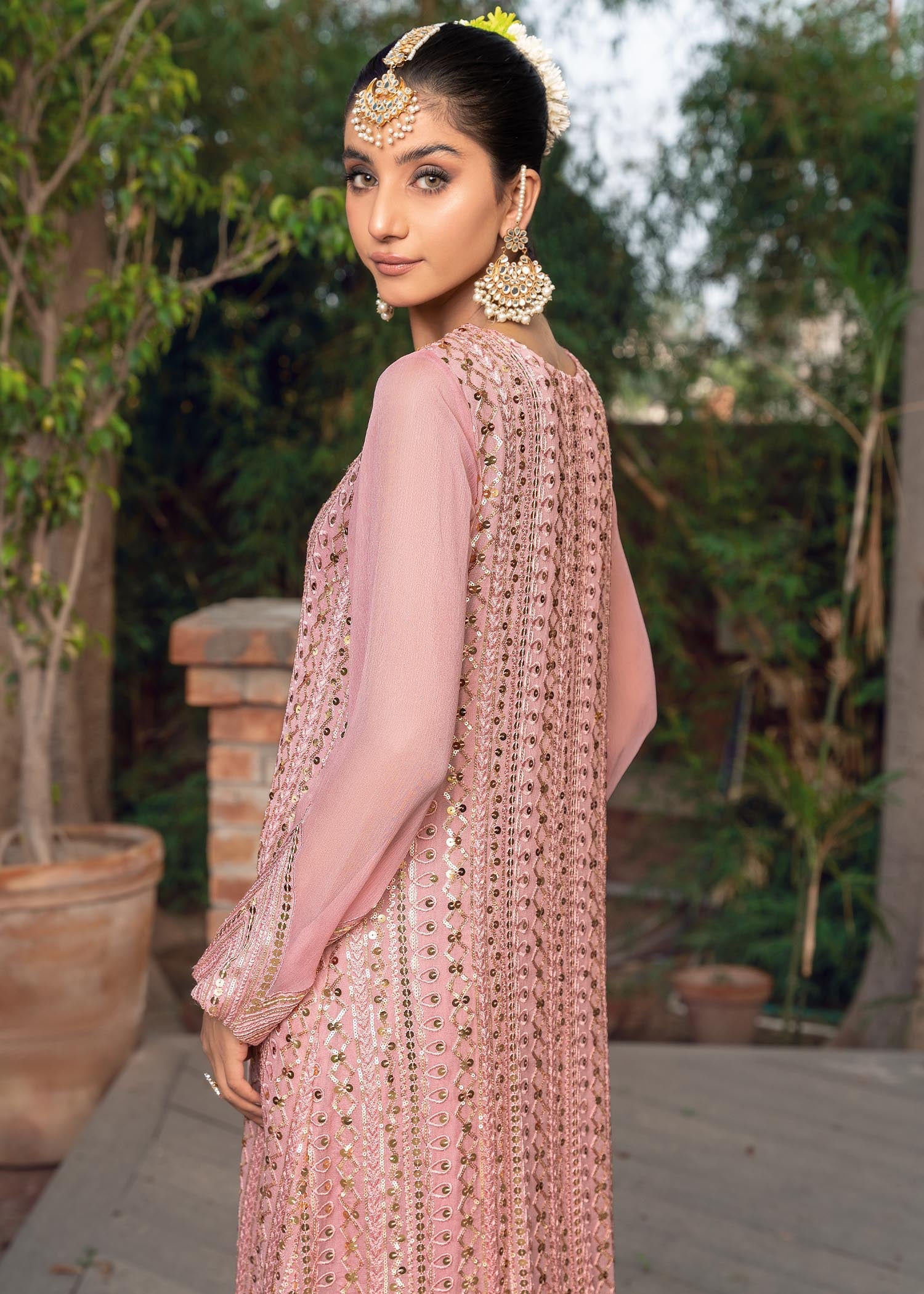 chikankari cotton Gown in Tea rose pink