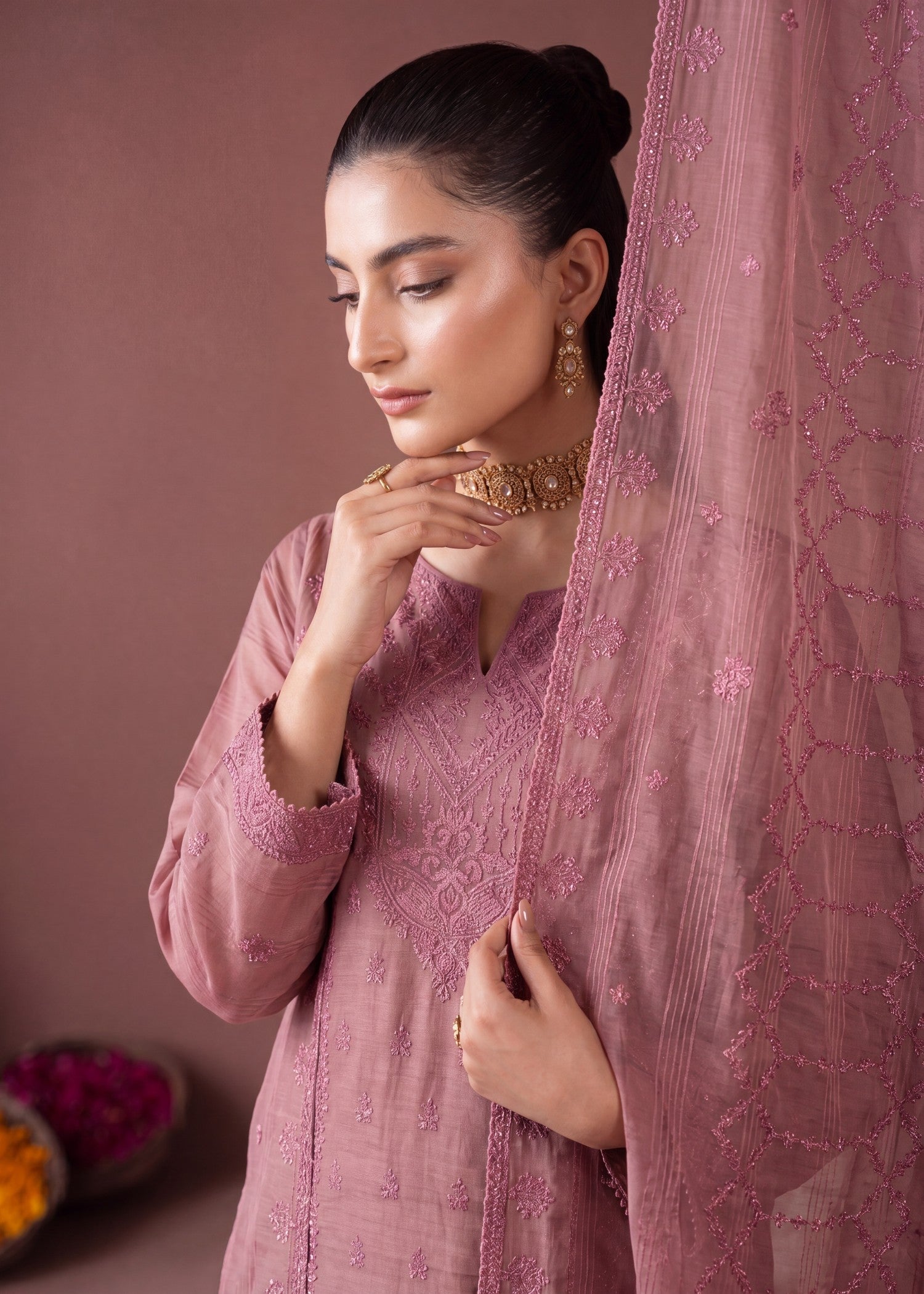 khaddi net Kurta Set in Petal pink