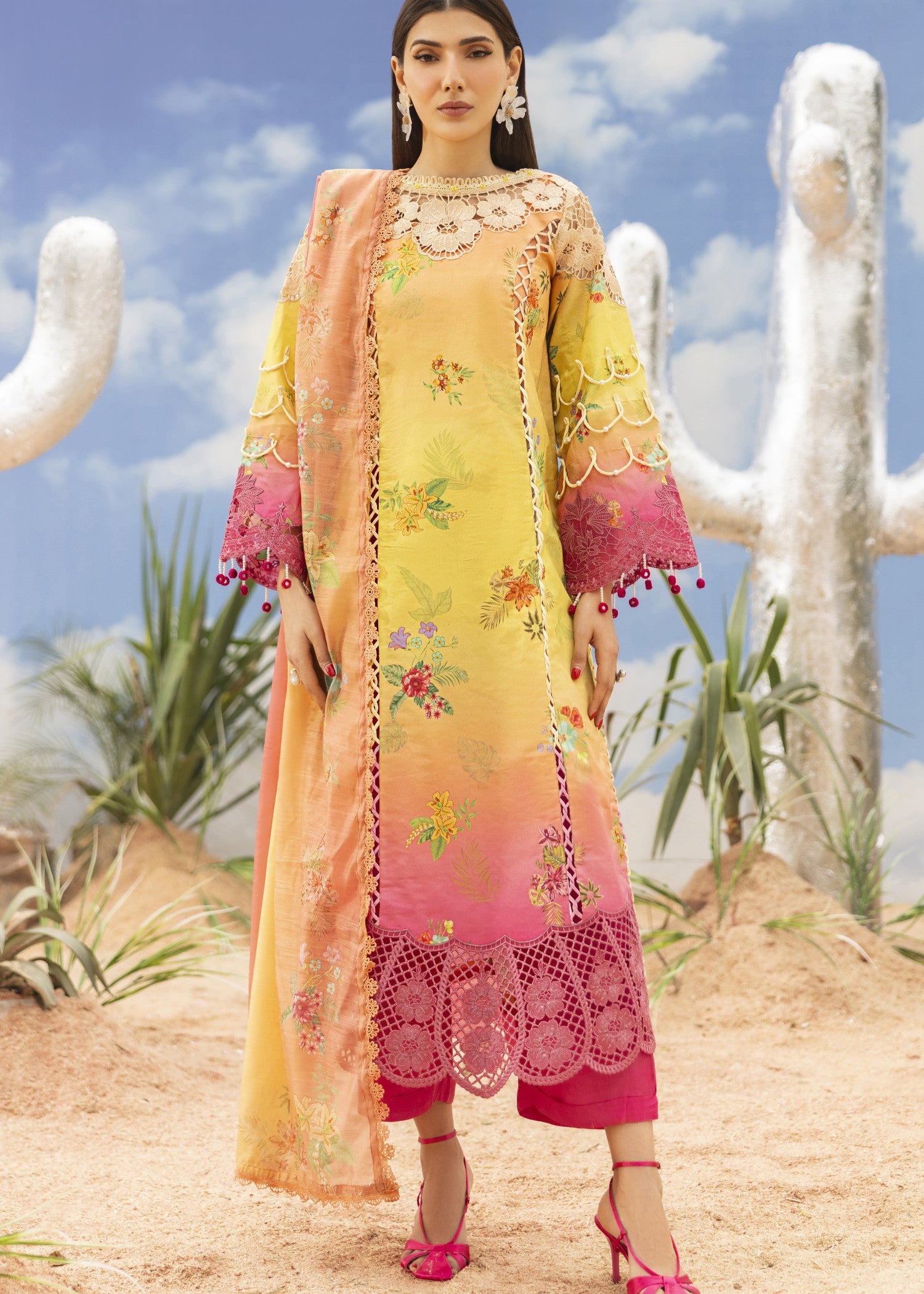 lawn Unstitched in Gold, shocking pink