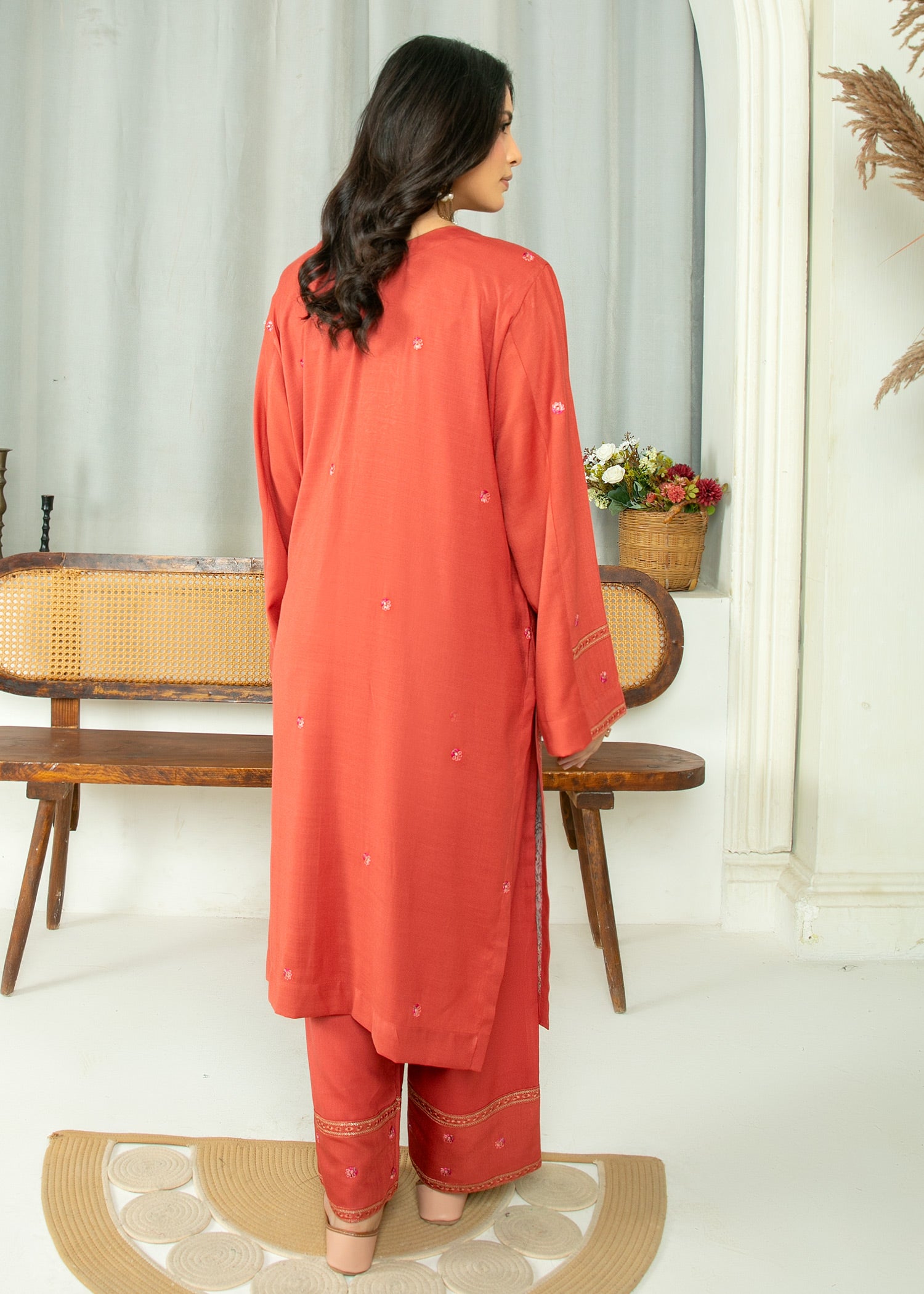 peach wool Kurta Set in Coral orange