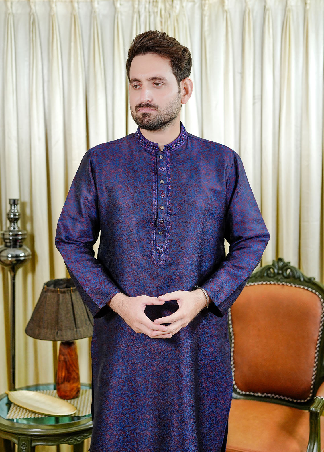 traditional jamawar Kurta in Blue by Real Image Clothing