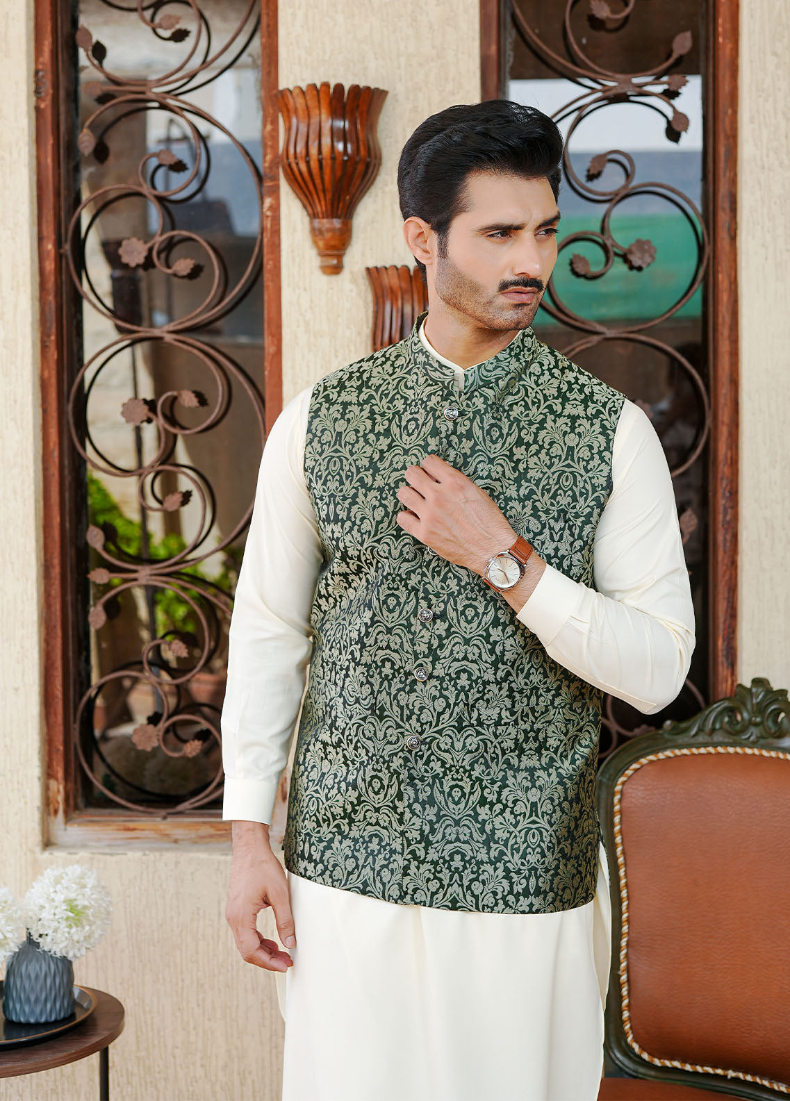 banarasi jamawar Waistcoat in Forest green