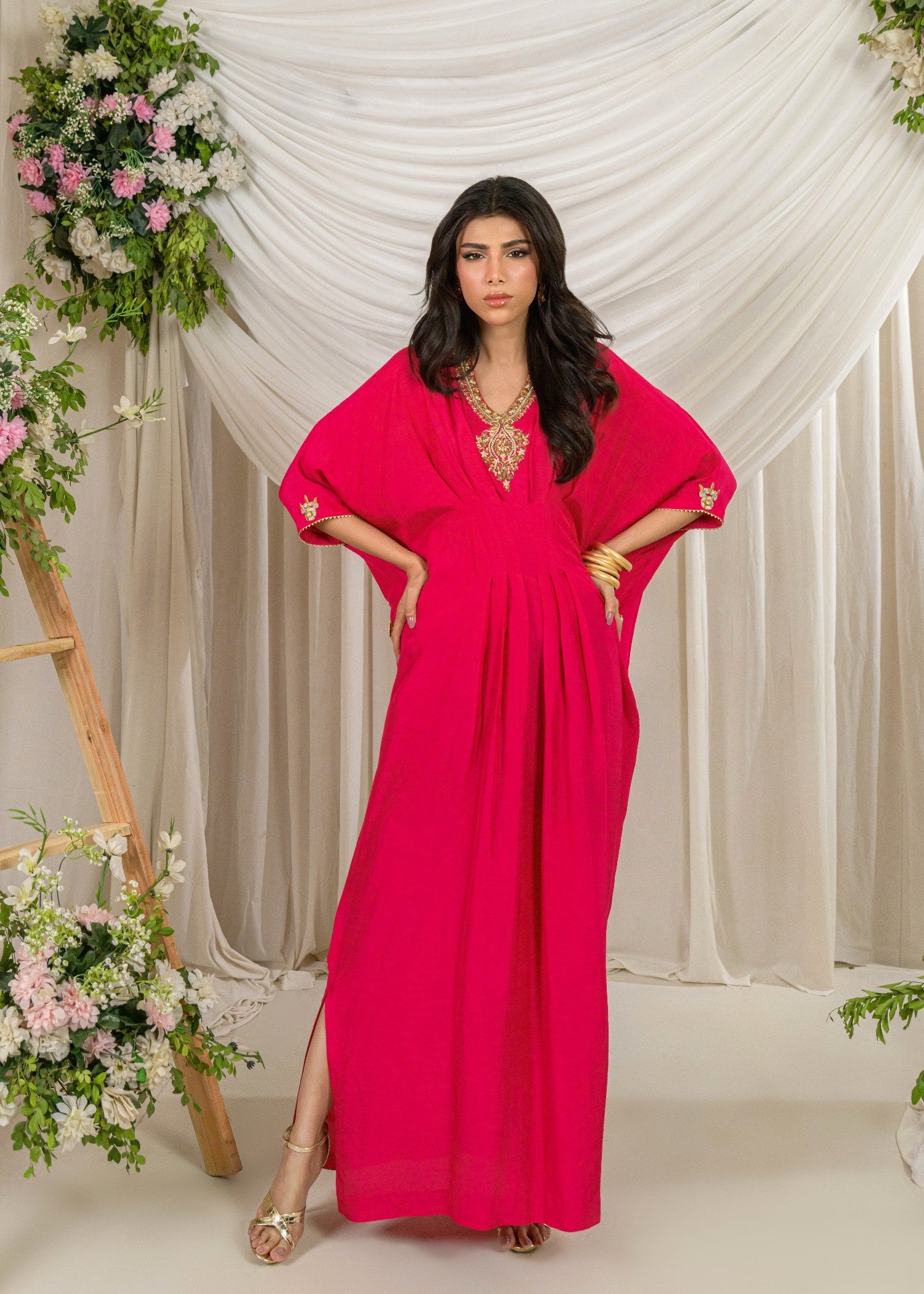 korean raw silk Kaftan in Raspberry pink