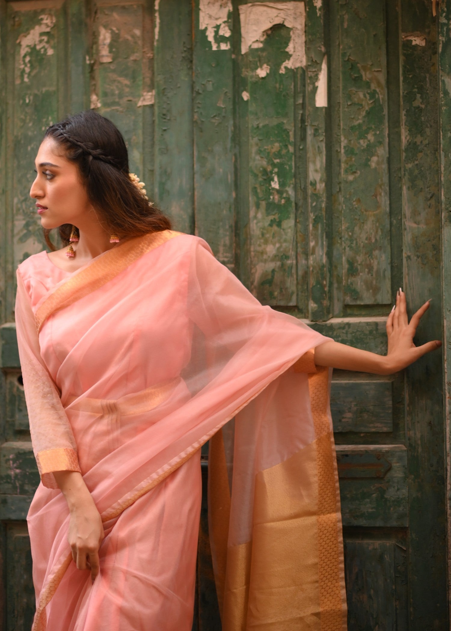 zari organza Saree in Blush pink