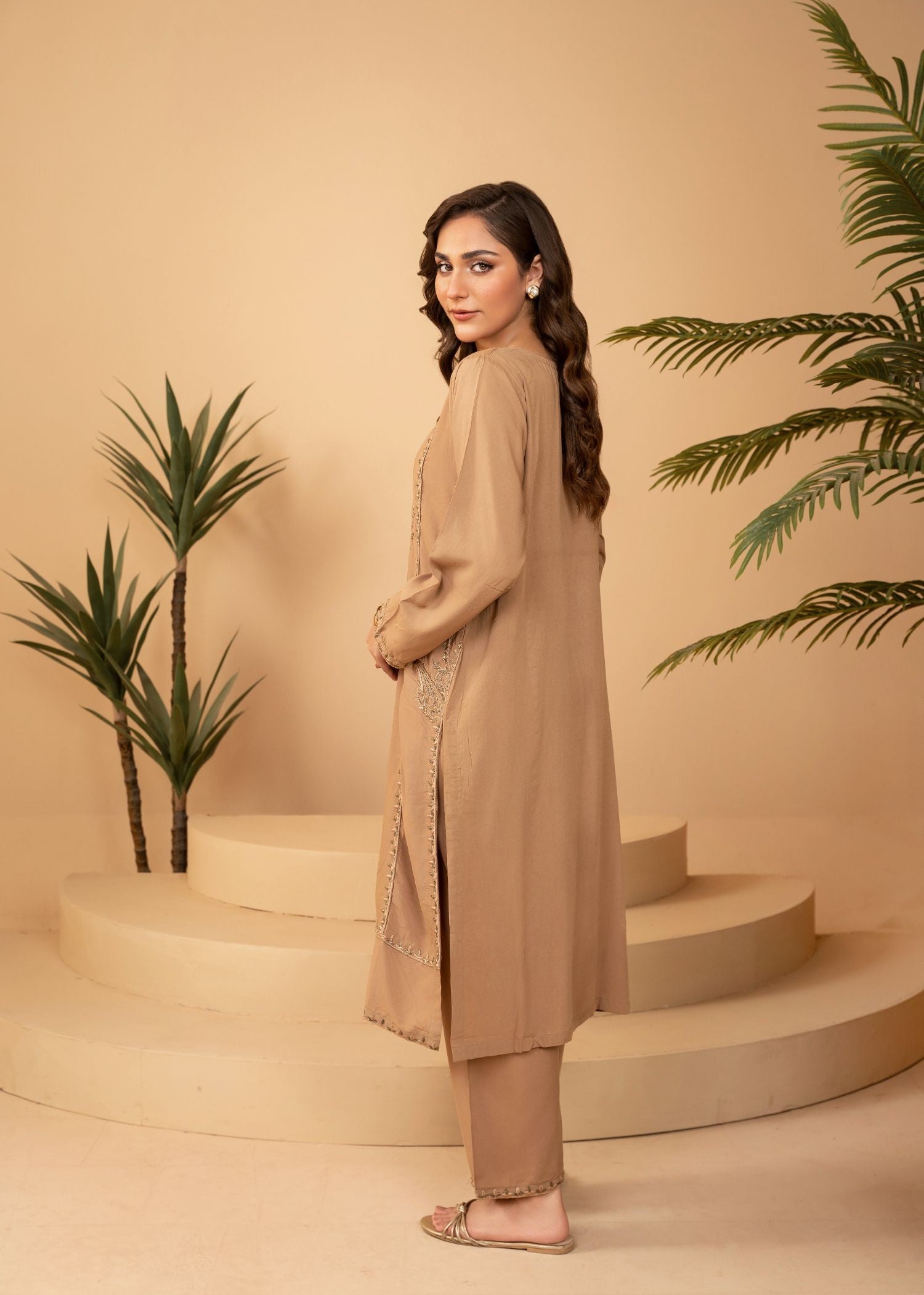 linen Kurta Set in Tan brown