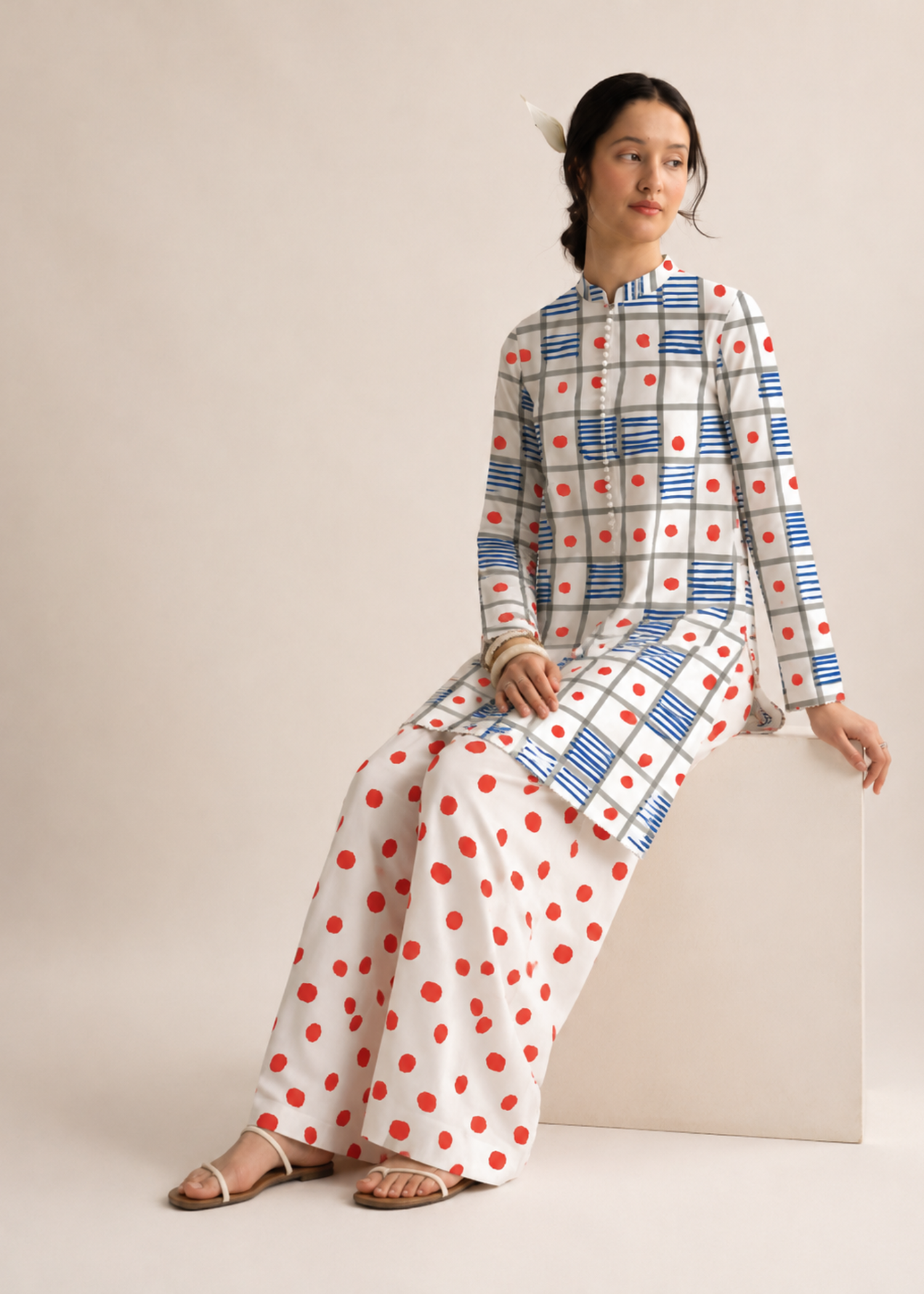 lawn Unstitched in Blue, red, white