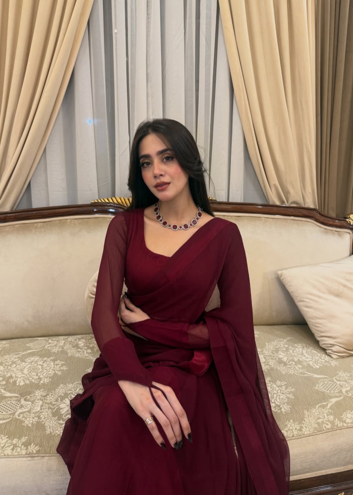 chiffon Saree in Blood red, maroon