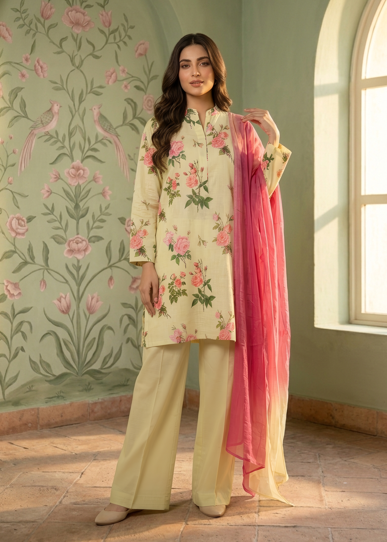 slub lawn Kurta Set in Butter