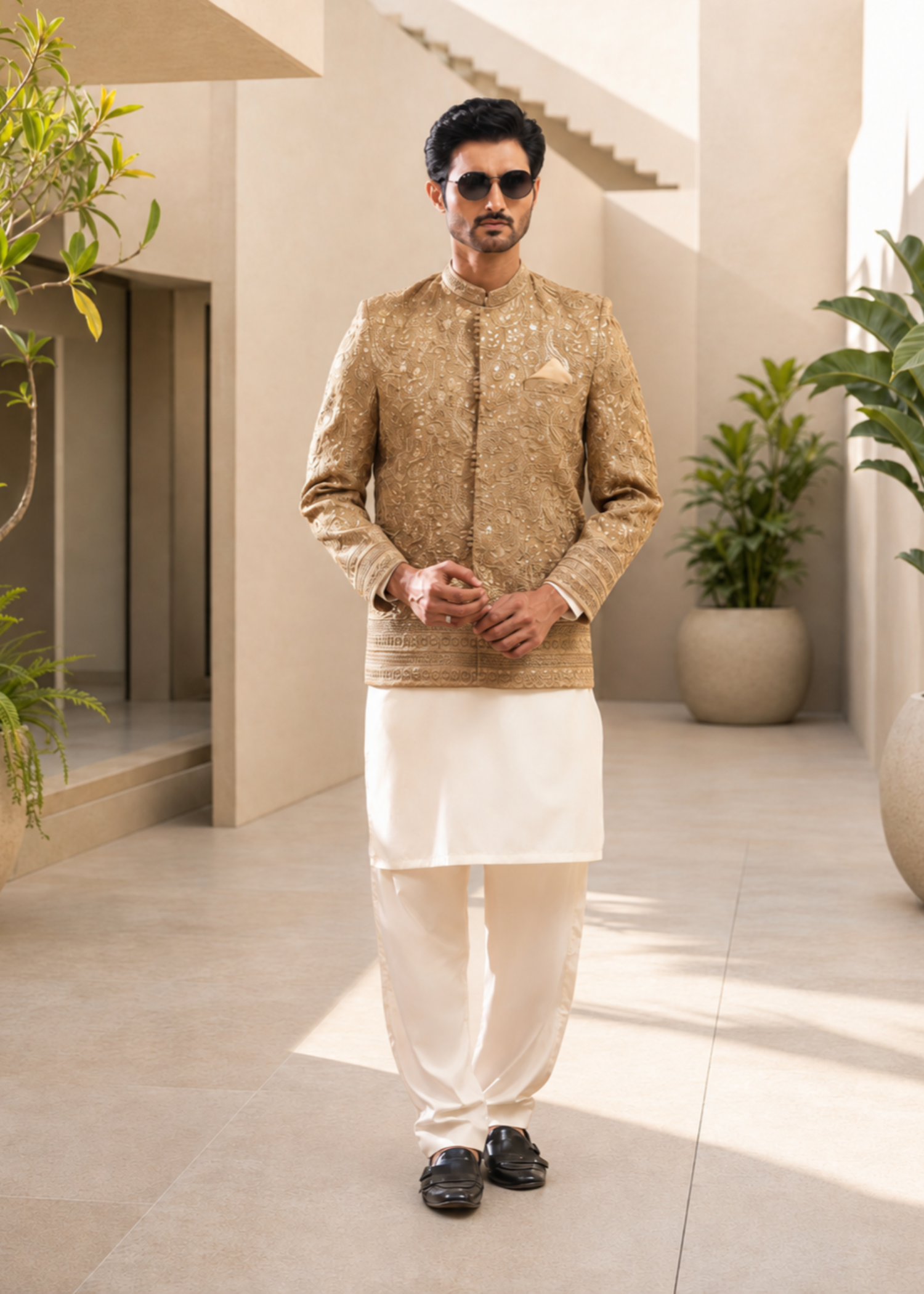 jamawar Prince Coat in Tan brown