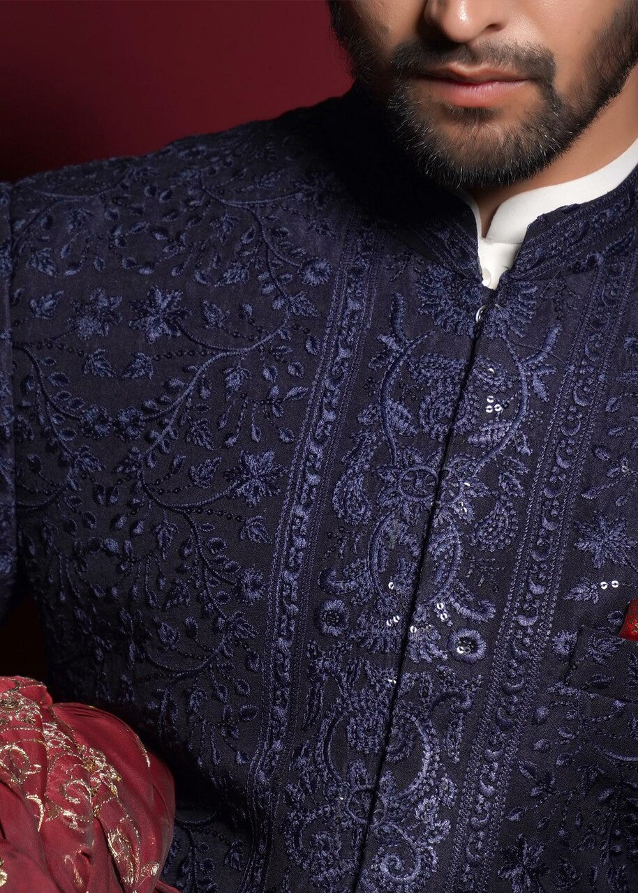 raw silk Sherwani in Navy blue
