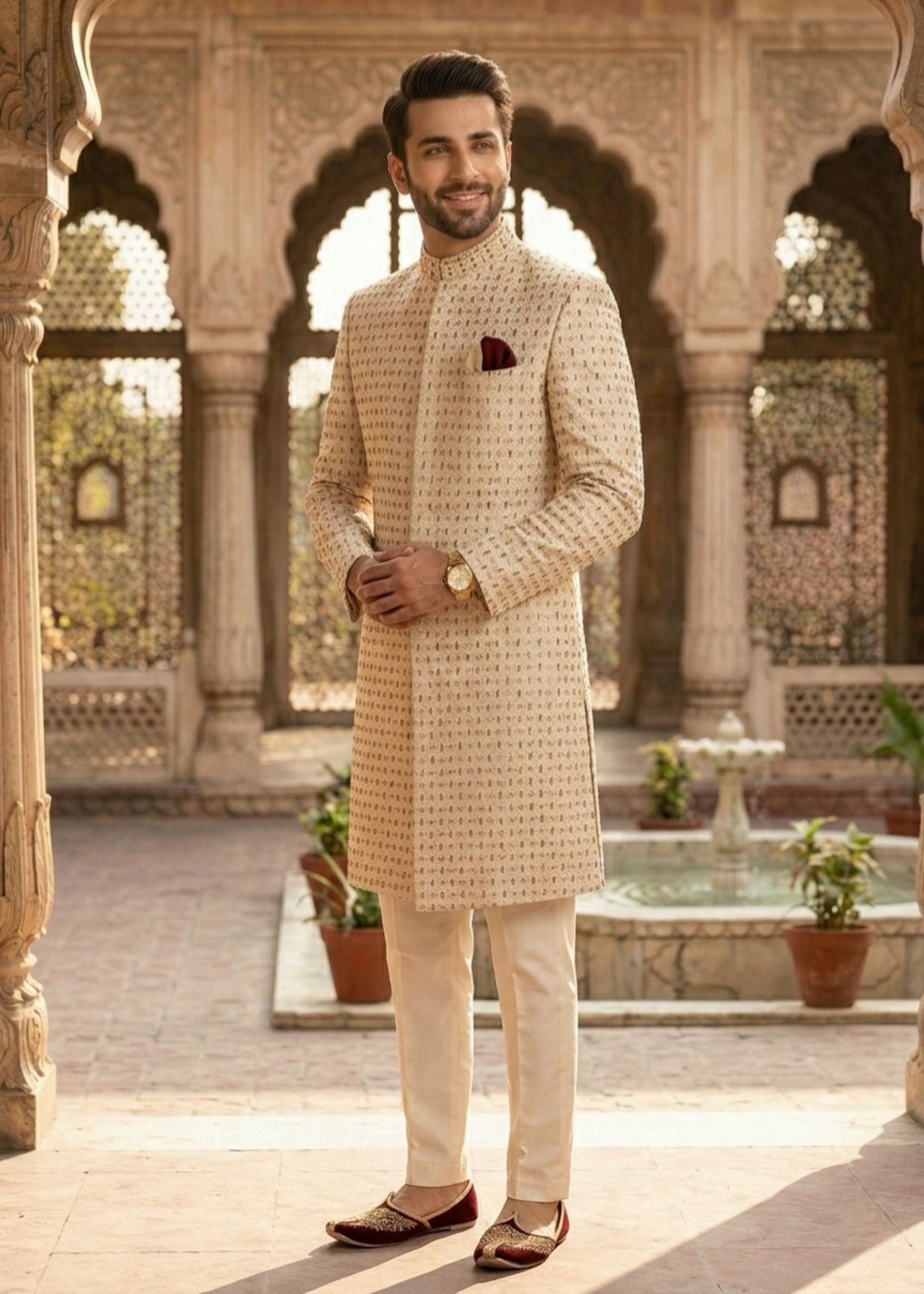 silk Sherwani in Ivory