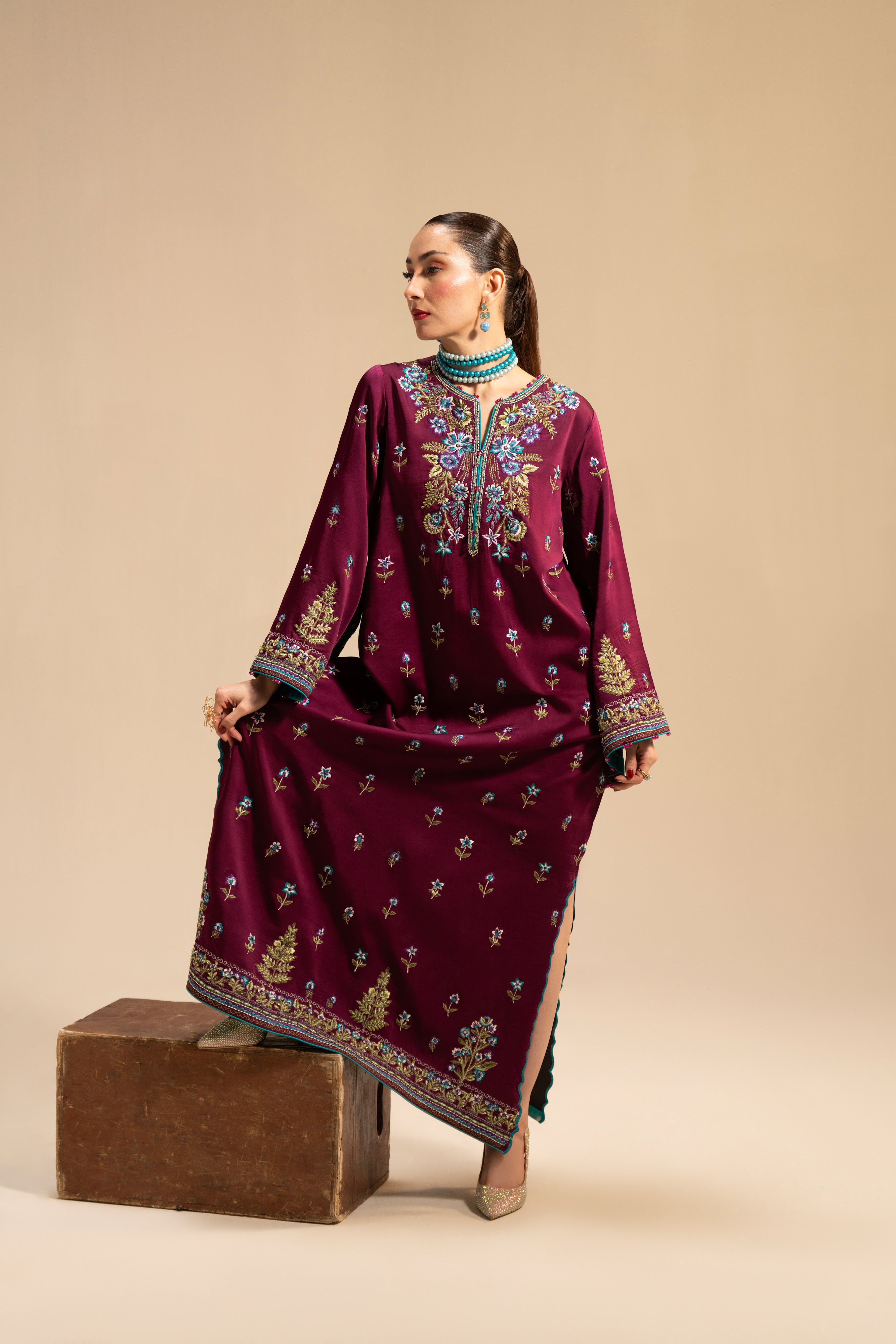 velvet Kaftan in Amaranth