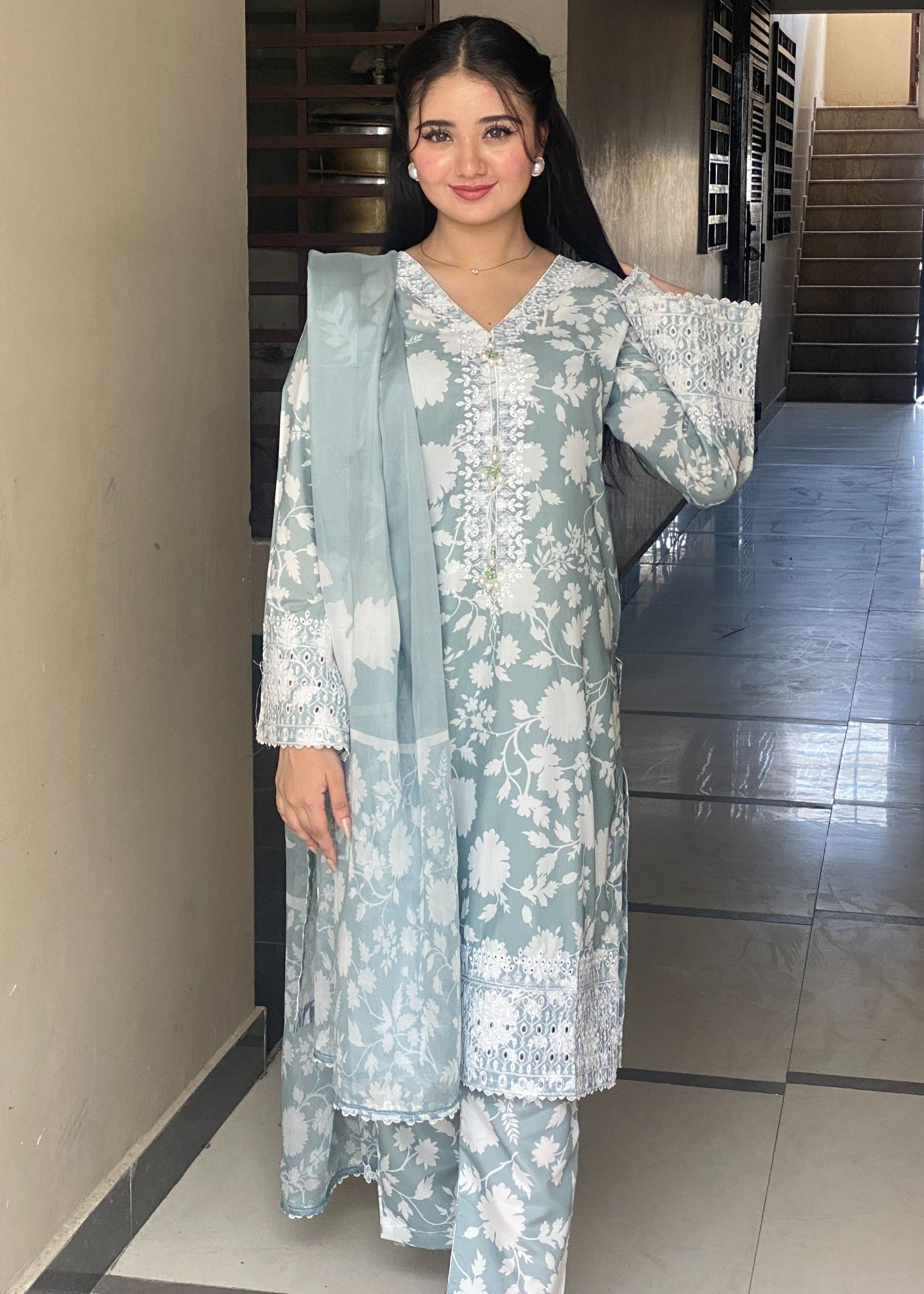 cotton silk Kurta Set in Slate grey