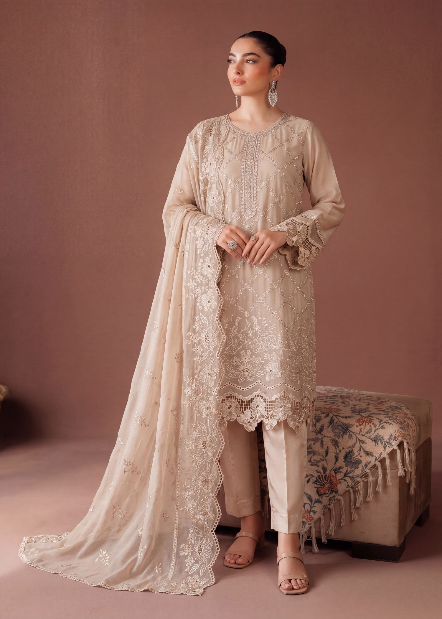 chiffon Kurta Set in Wheat