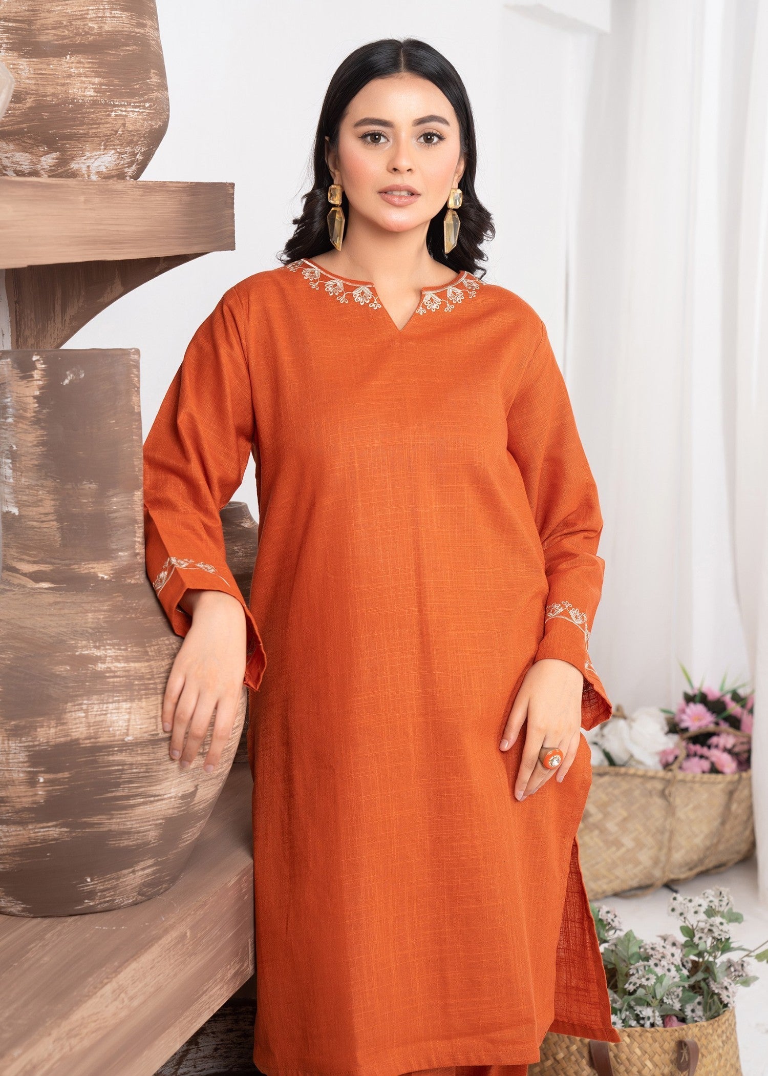slub khaddar Co Ord Sets in Pumpkin orange