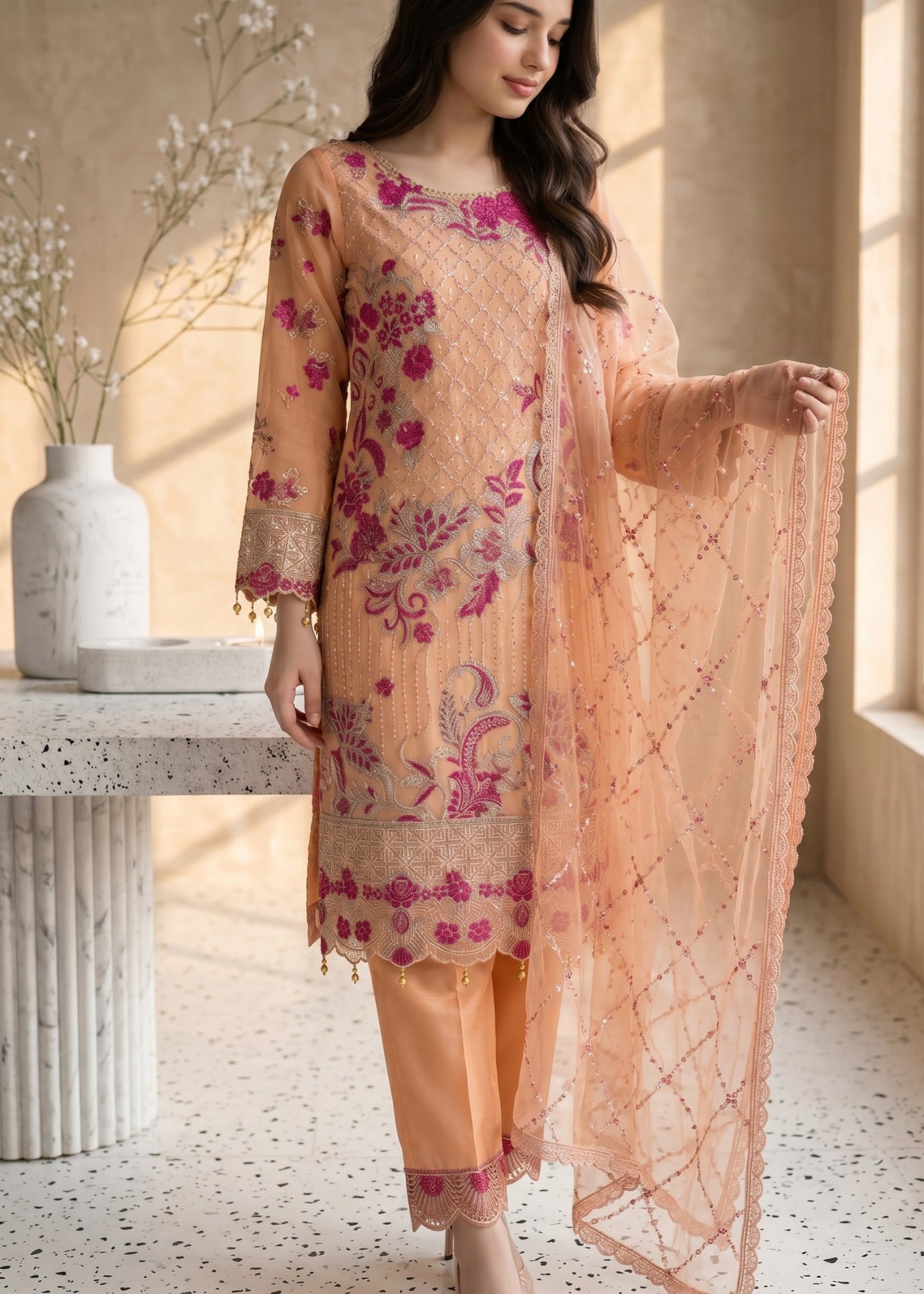 pk crinkle chiffon Kurta Set in Peach pink