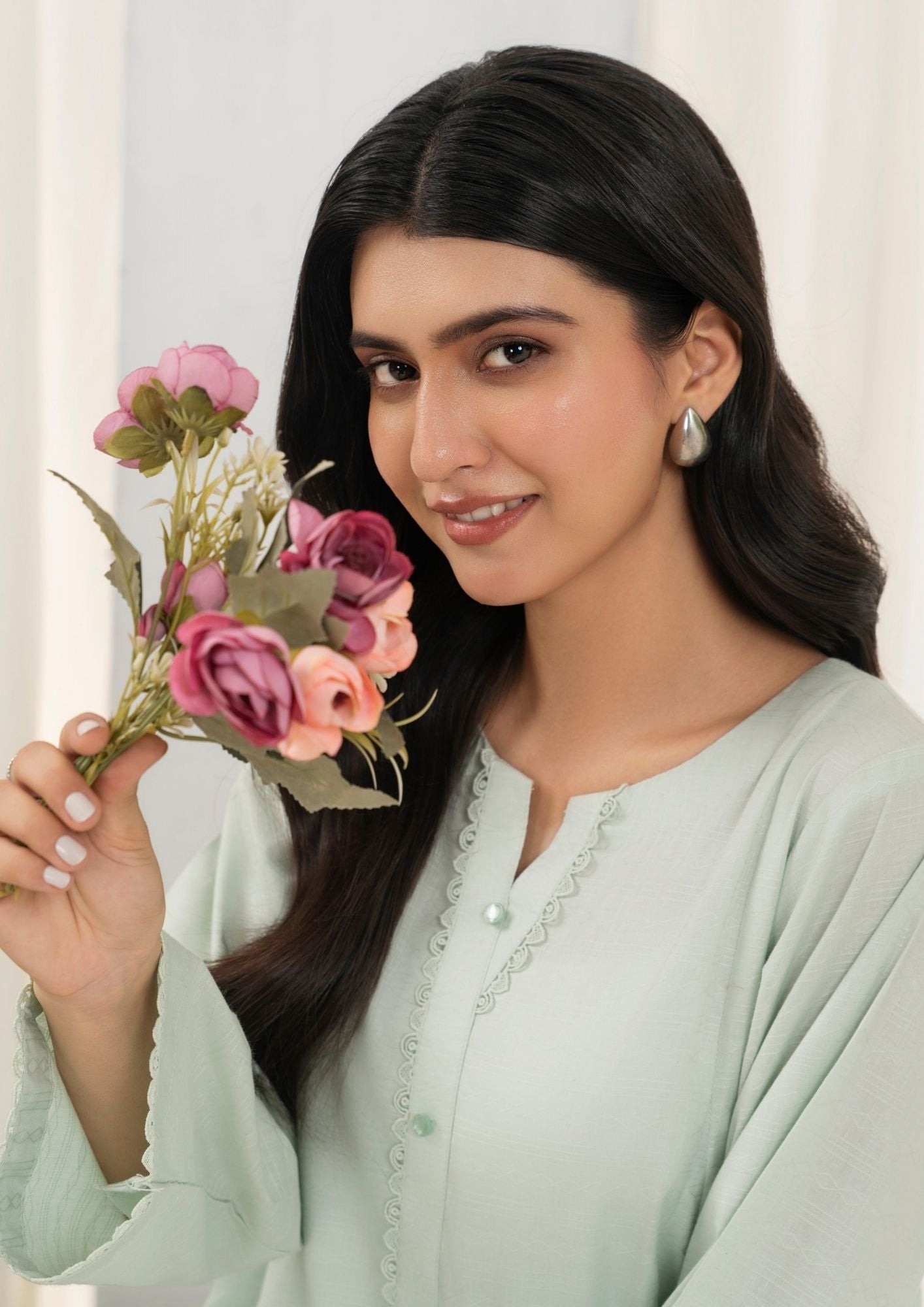 lawn cotton Short Frock in Tea green