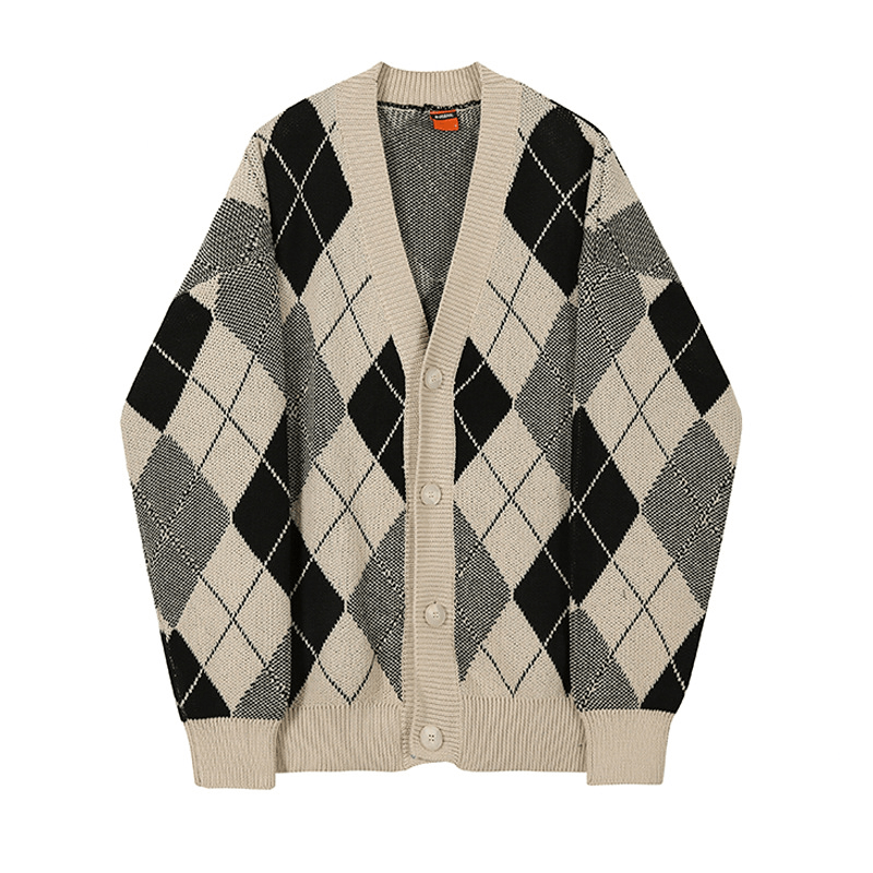 Classic Diamond Sweater Men'S V-Neck Knit Jacket