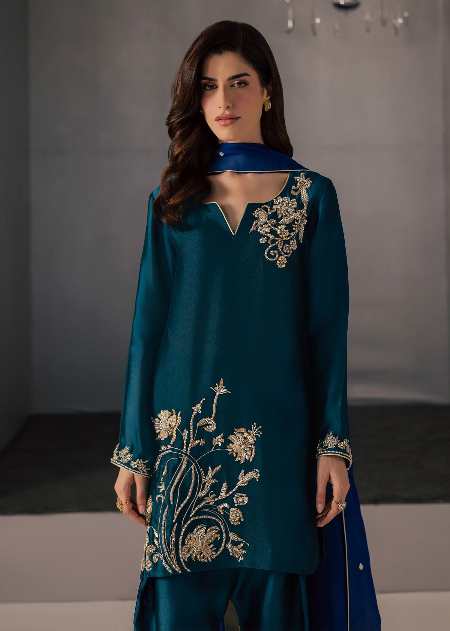 tussar silk Kurta Set in Teal