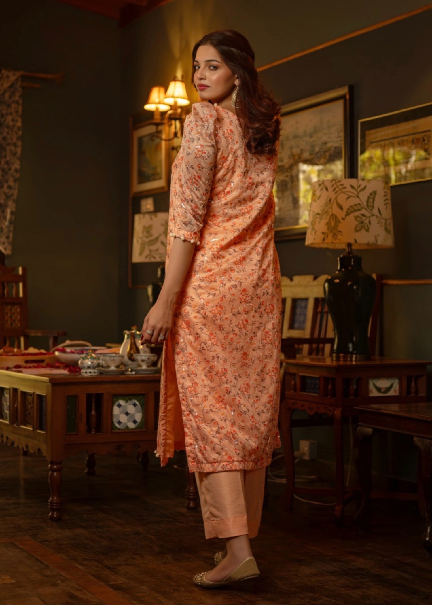 khaddi net Kurta Set in Peach pink