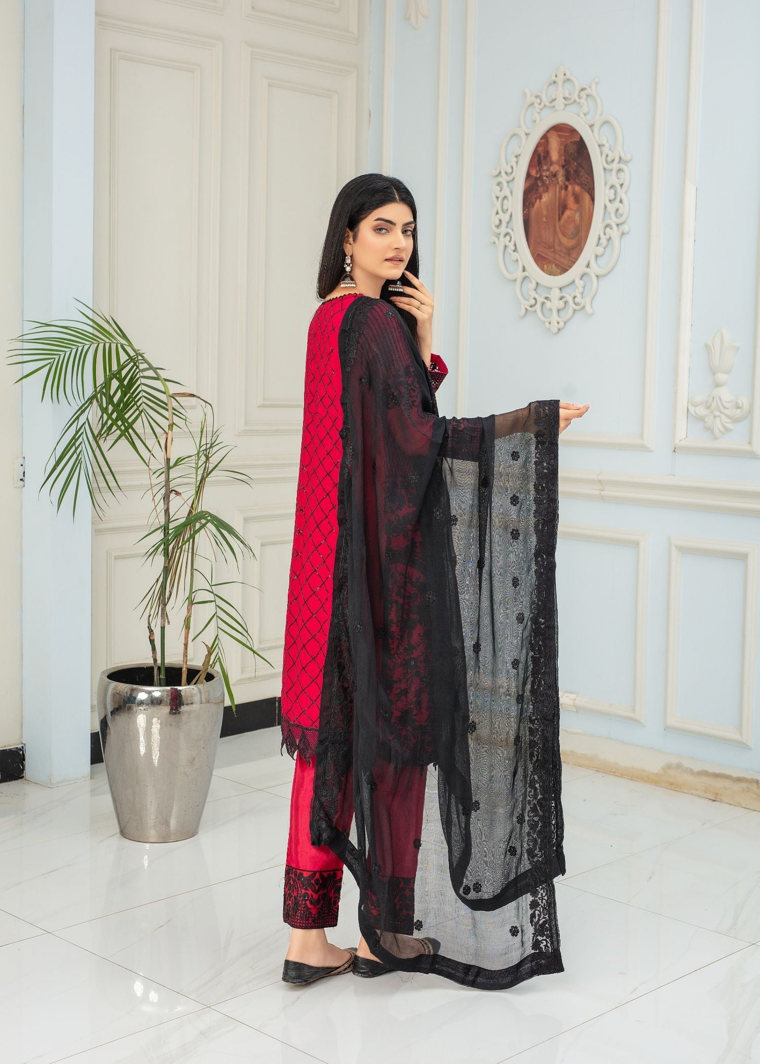 chiffon Kurta Set in Shocking pink