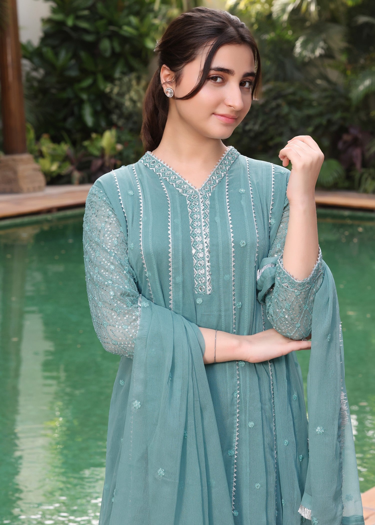 chiffon Pishwas in Sea green