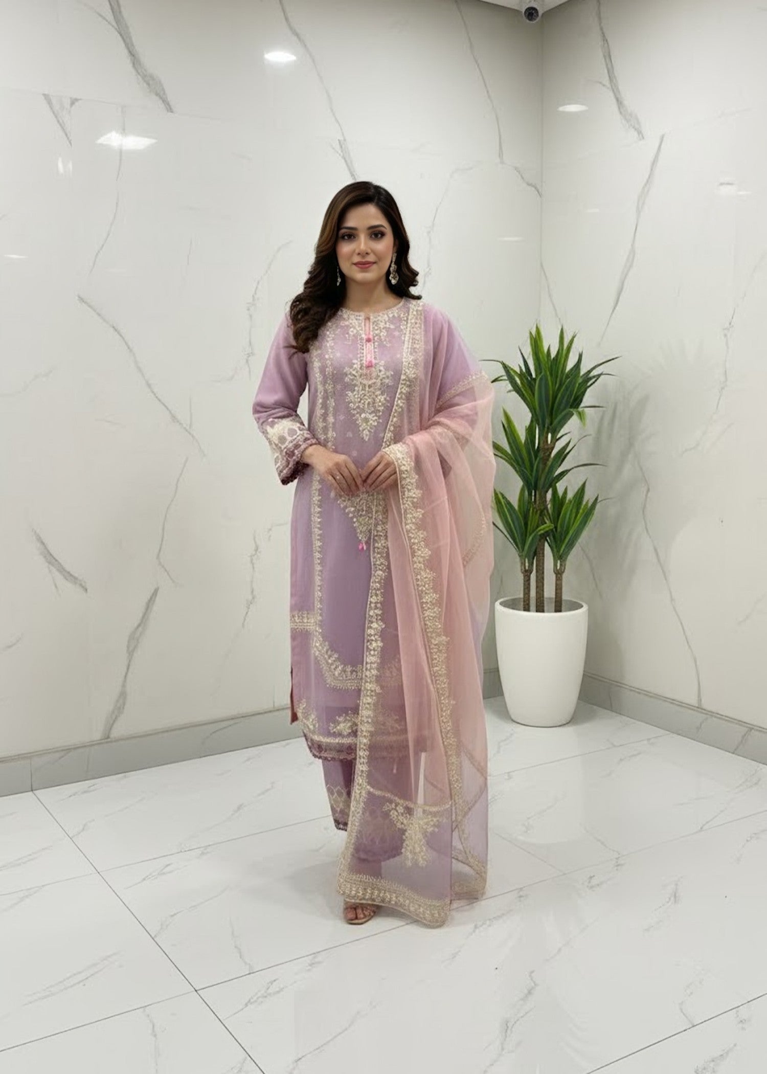 khaddi net Kurta Set in Mauve pink