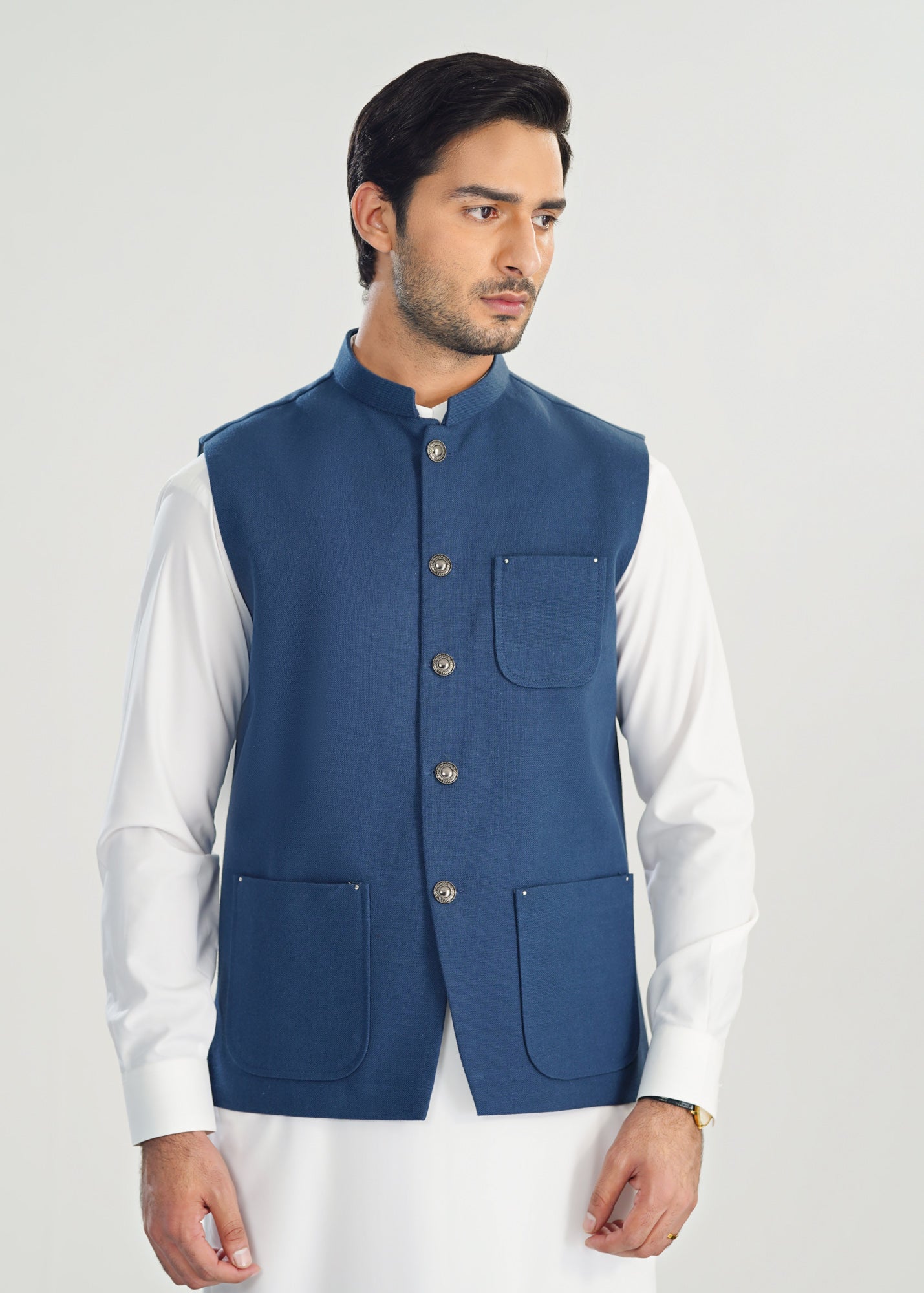 handwoven khaddar Waistcoat in Navy blue