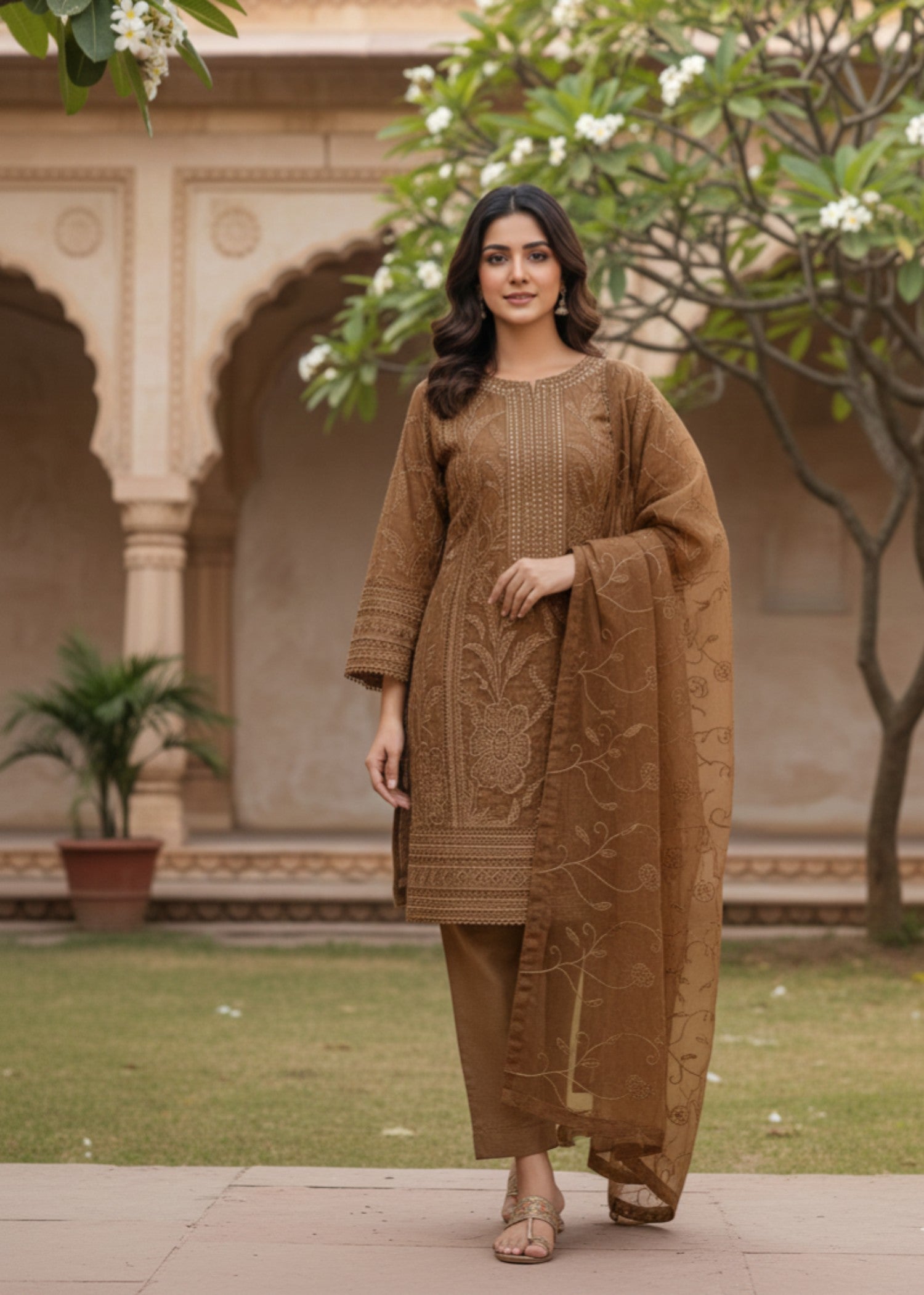 organza net Kurta Set in Brown