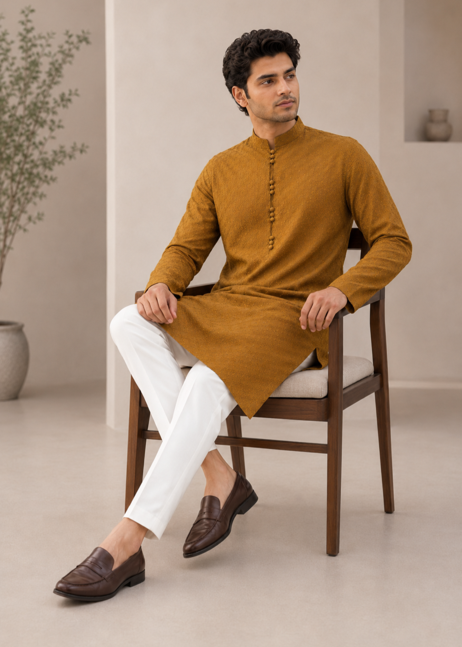 lawn cotton Kurta Set in Golden brown