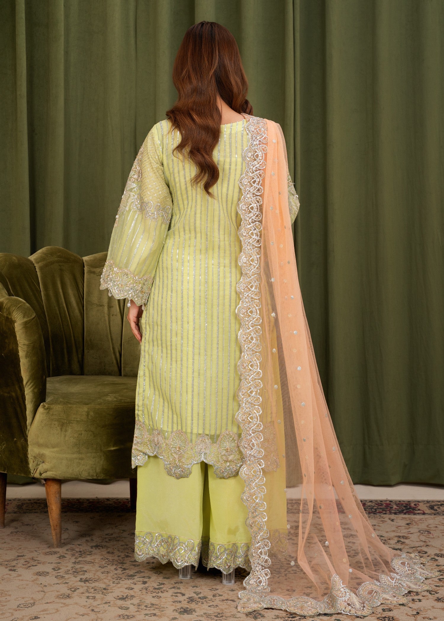crystal organza Kurta Set in Pear