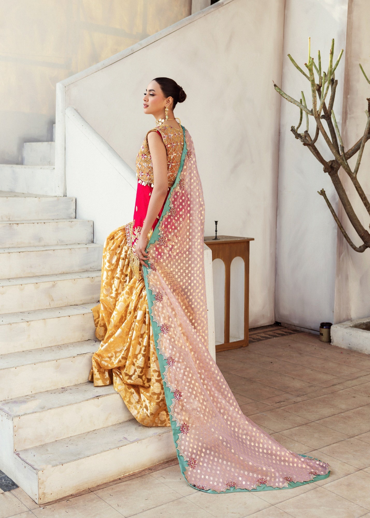 organza Gharara in Scarlet