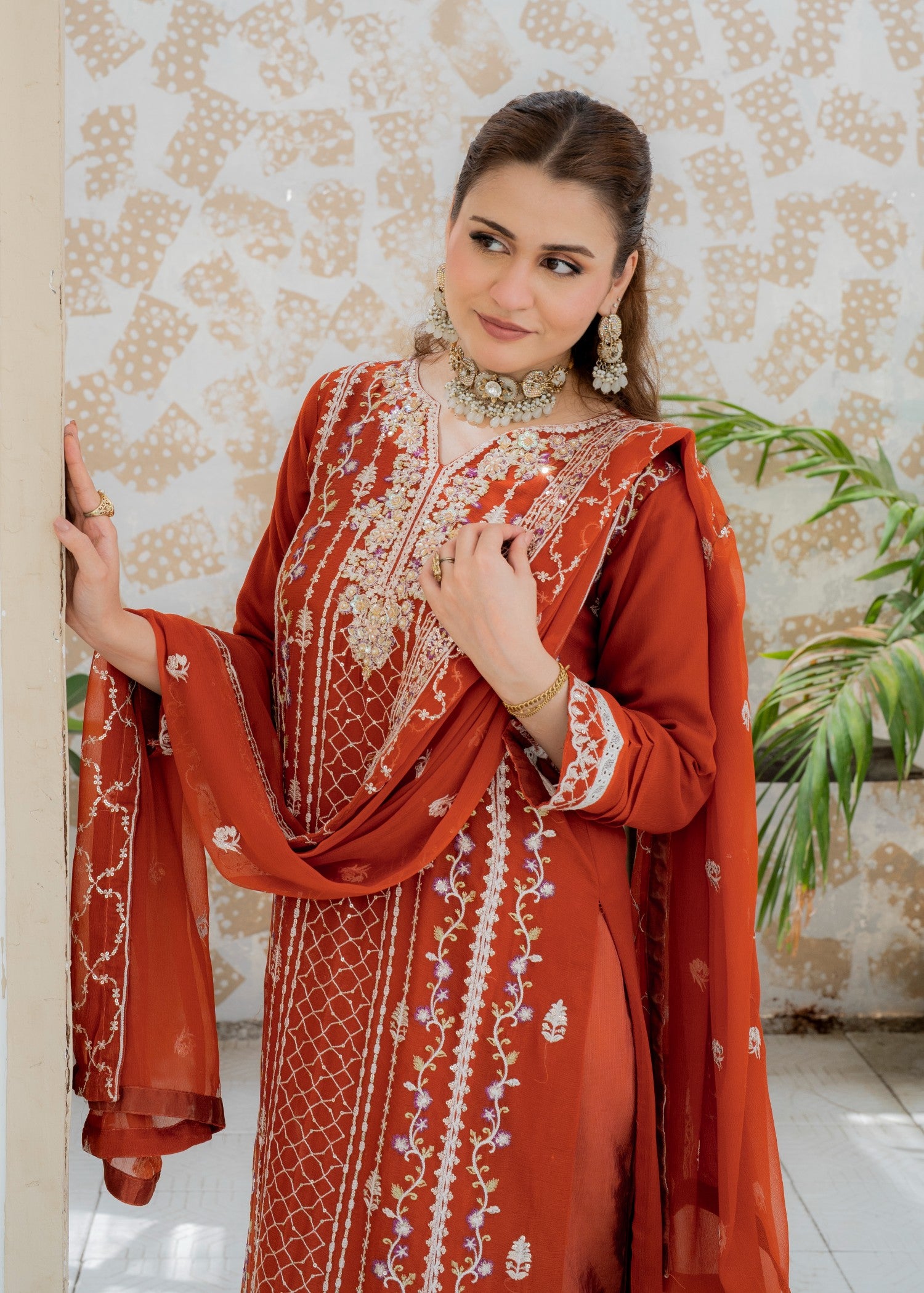 chiffon Kurta Set in Tangerine