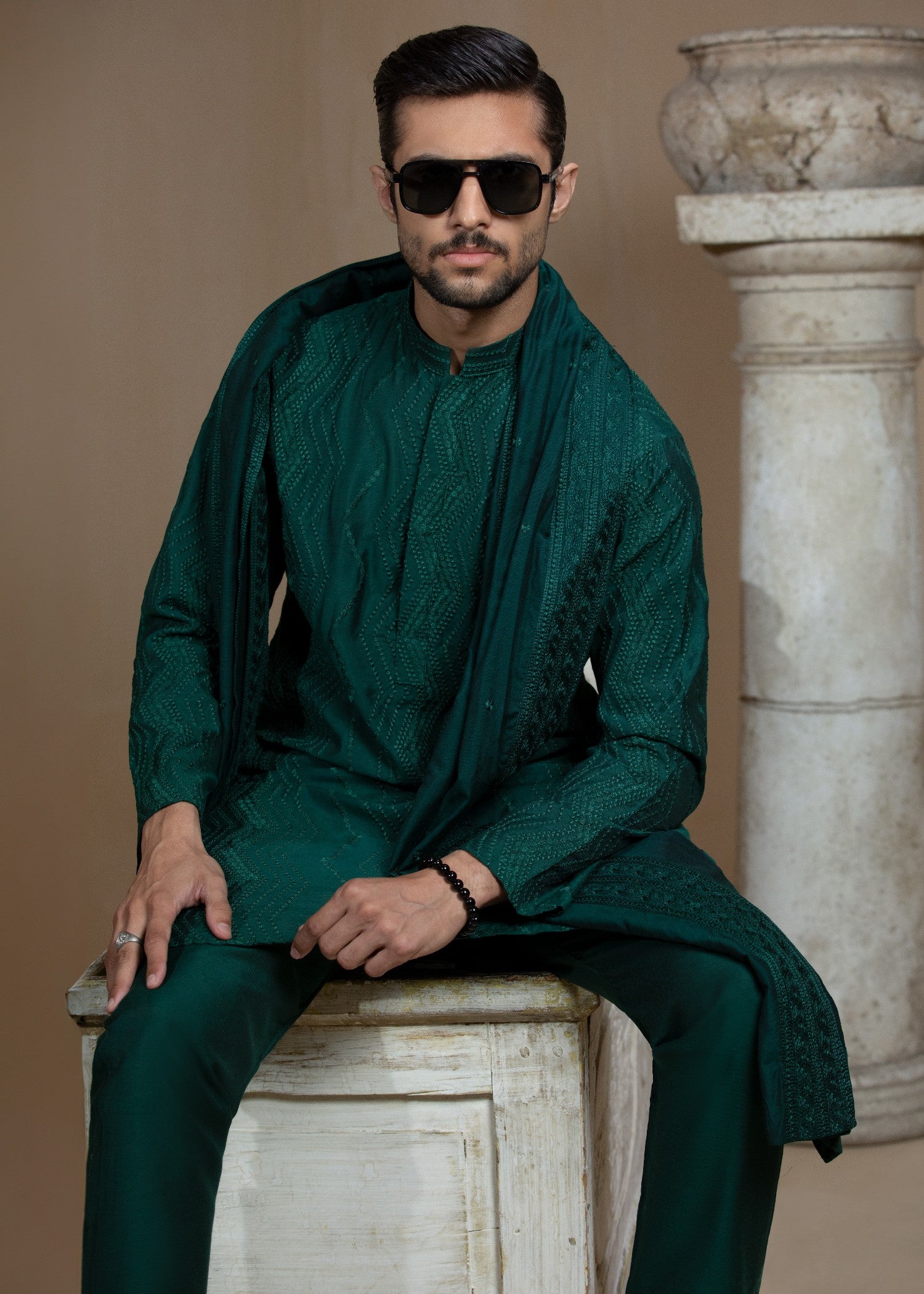 cotton silk Kurta Set in Dark green