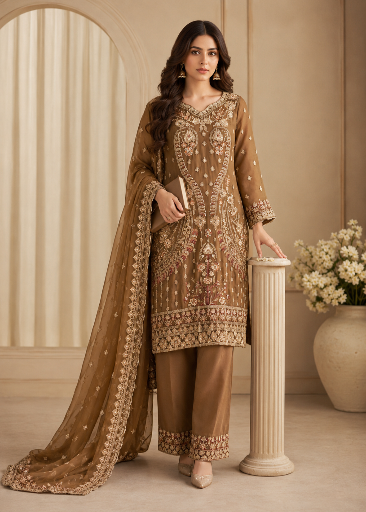 chiffon Kurta Set in Golden brown