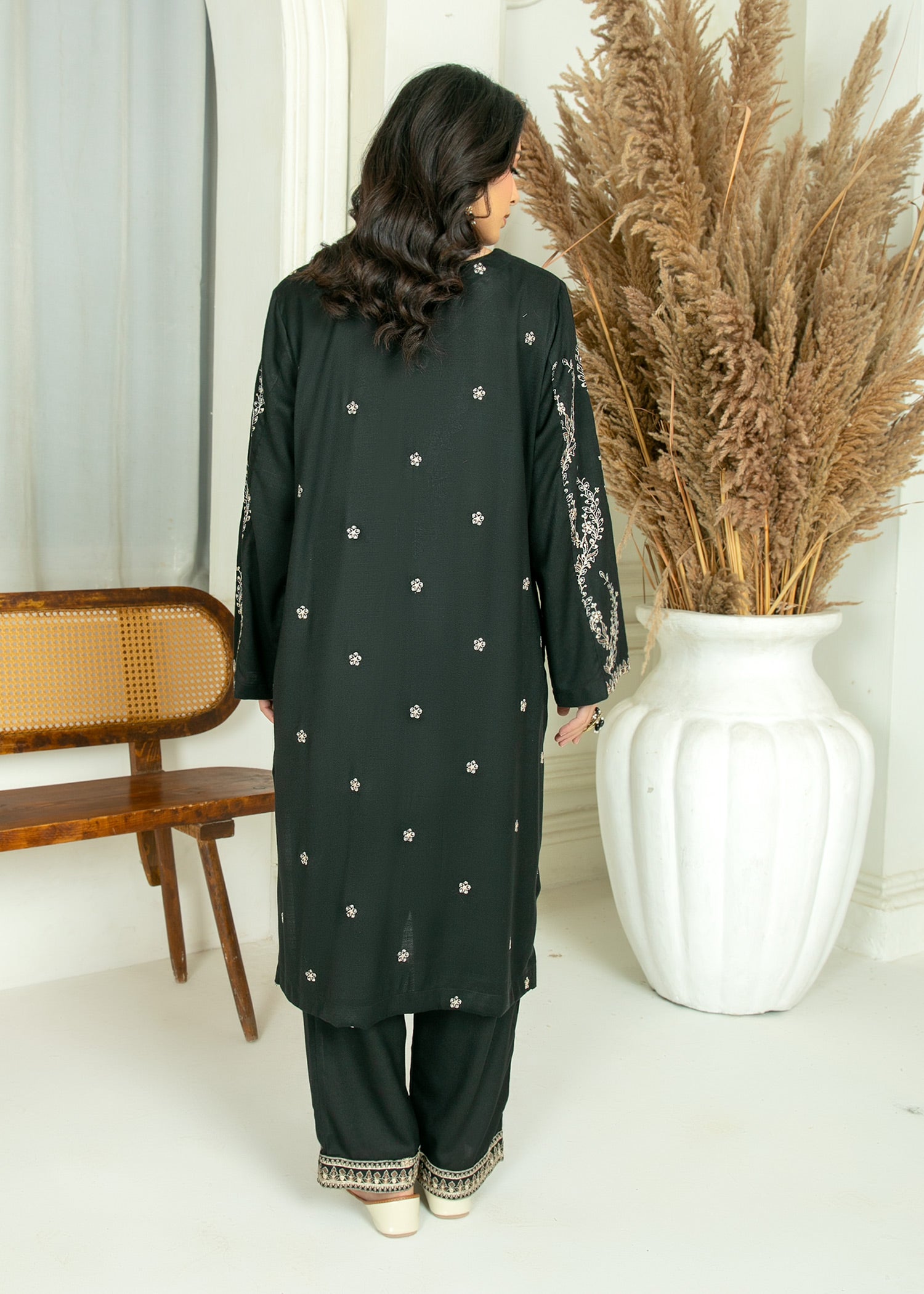 peach wool Kurta Set in Black