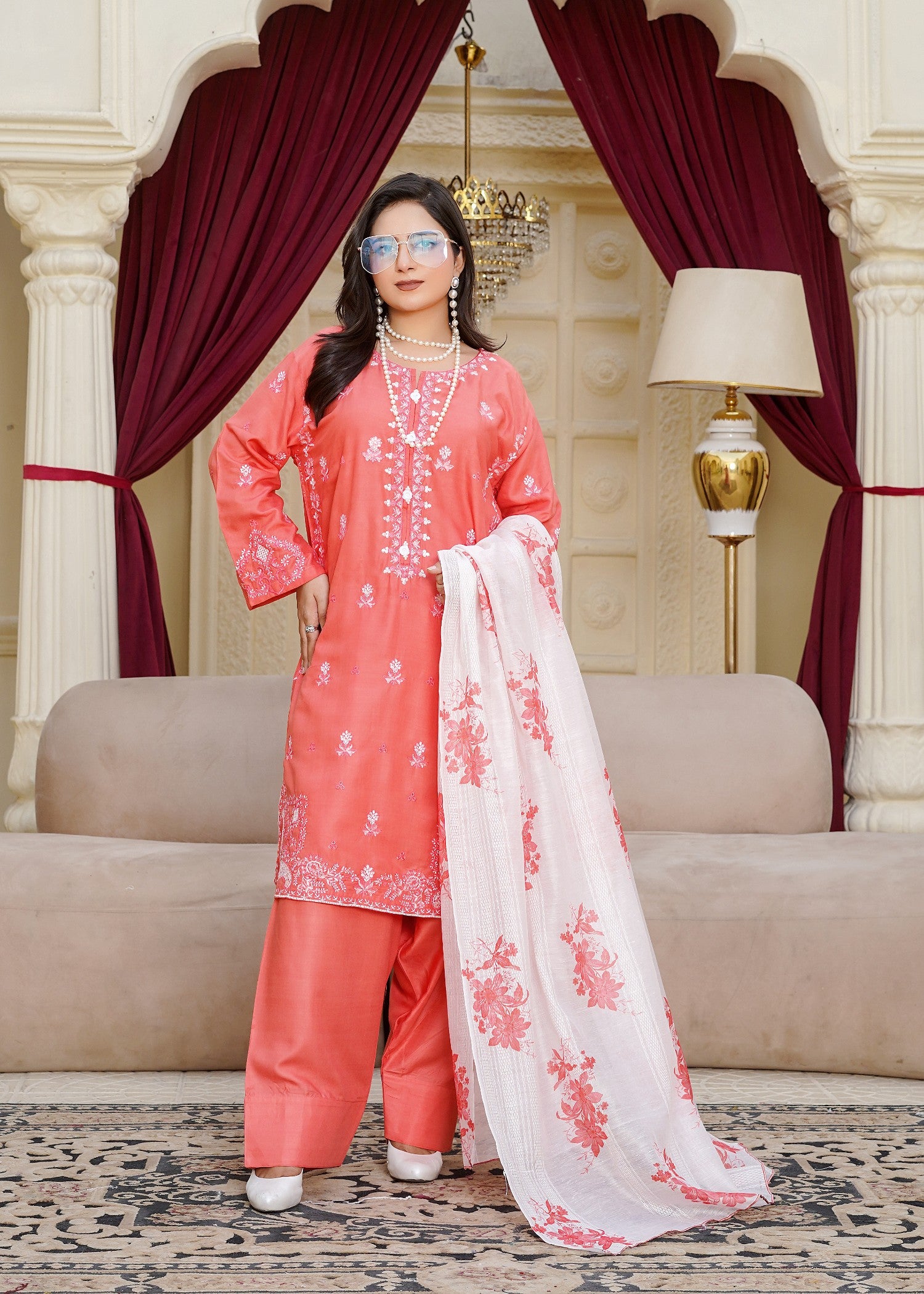 arabic lawn Kurta Set in Salmon pink