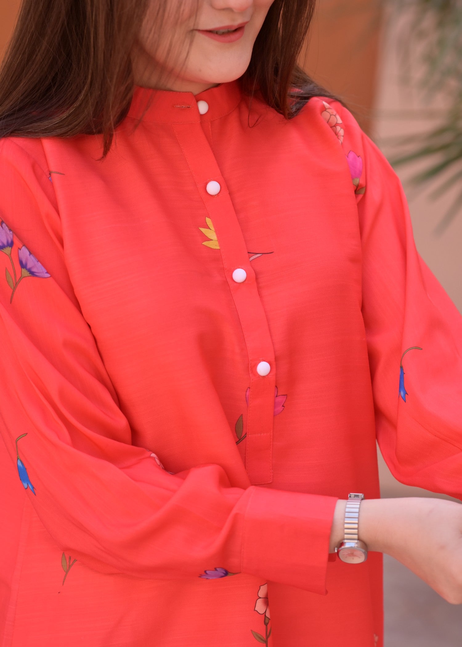 blended khaddar Kurta Set in White, fire red