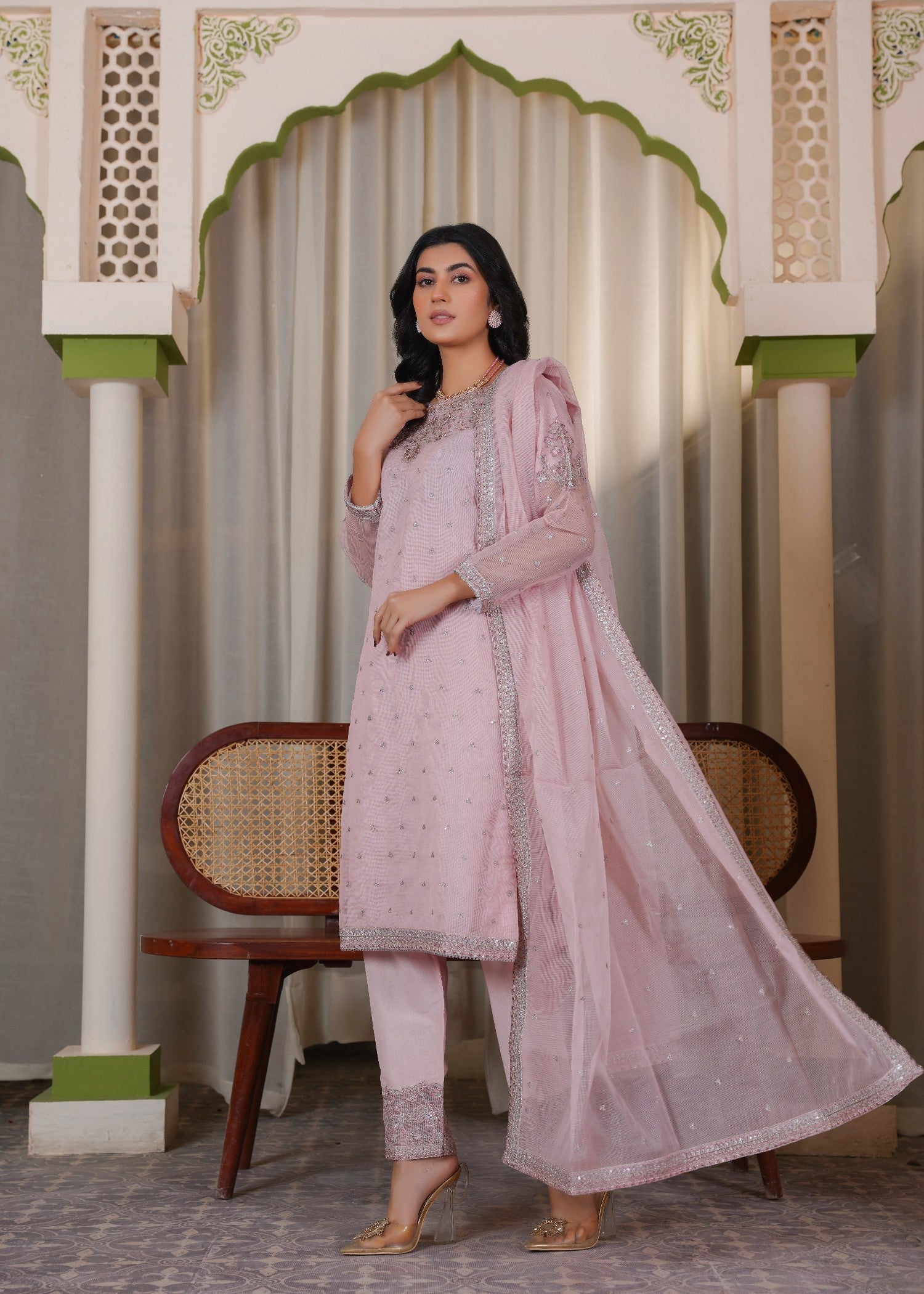 cotton net Kurta Set in Tea rose pink