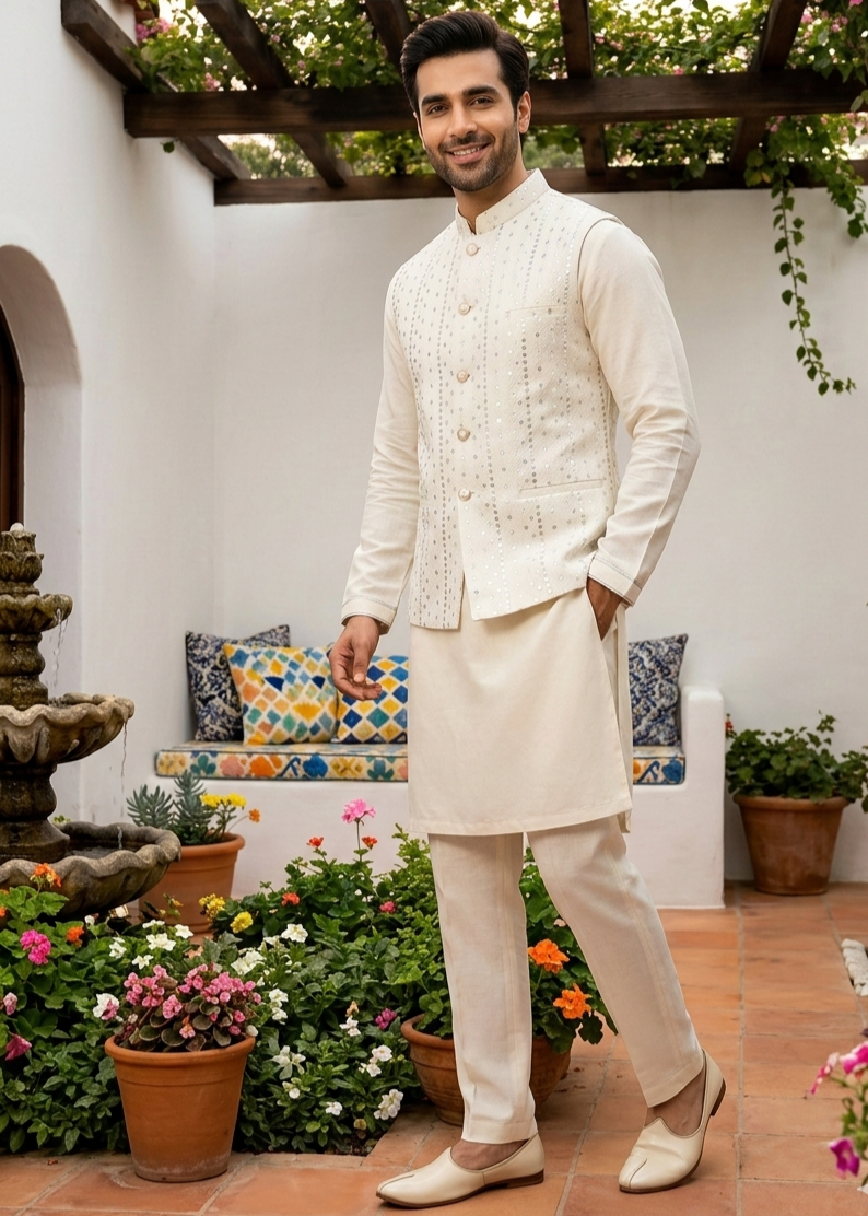 jamawar Waistcoat in White