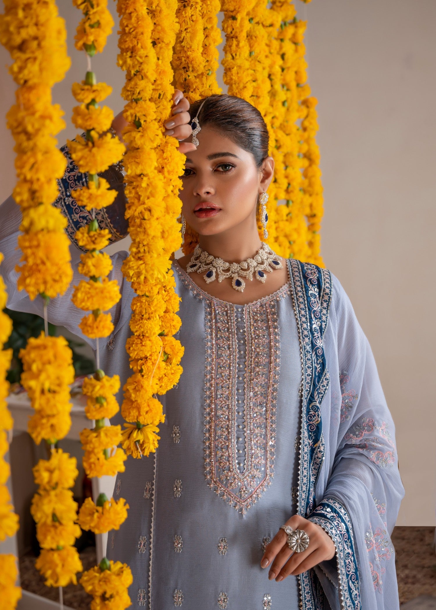 bemberg crinkle chiffon Kurta Set in Grey