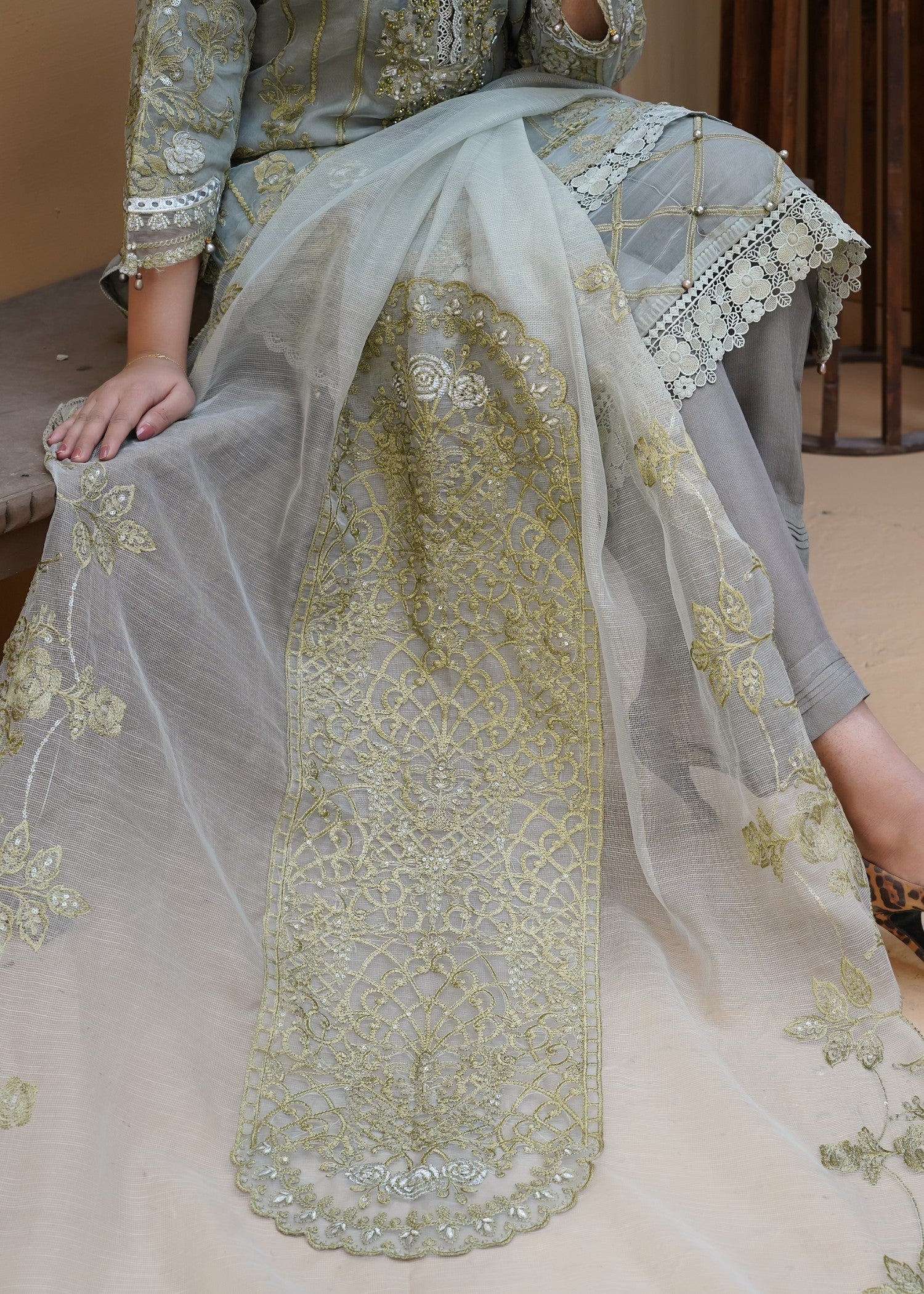 organza Kurta Set in Grey