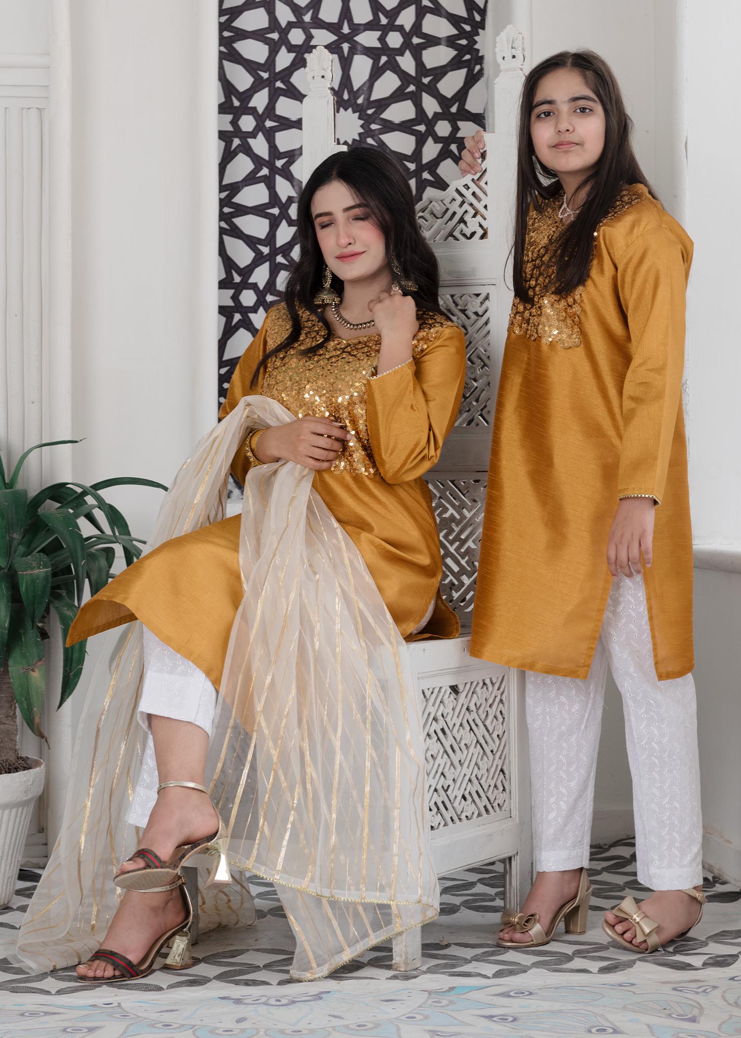 silk Kurta Set in Bronze orange