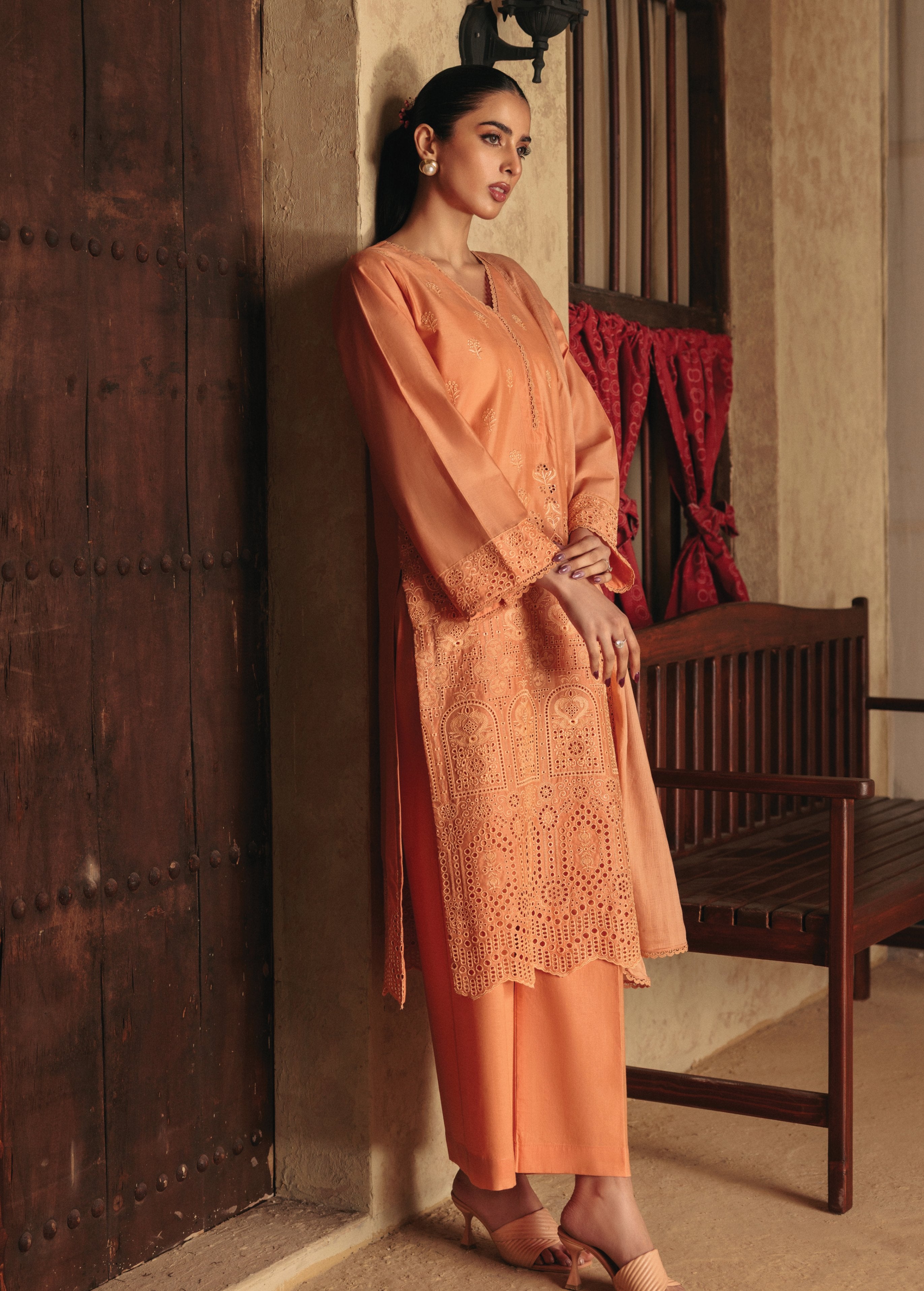 lawn Kurta Set in Coral orange