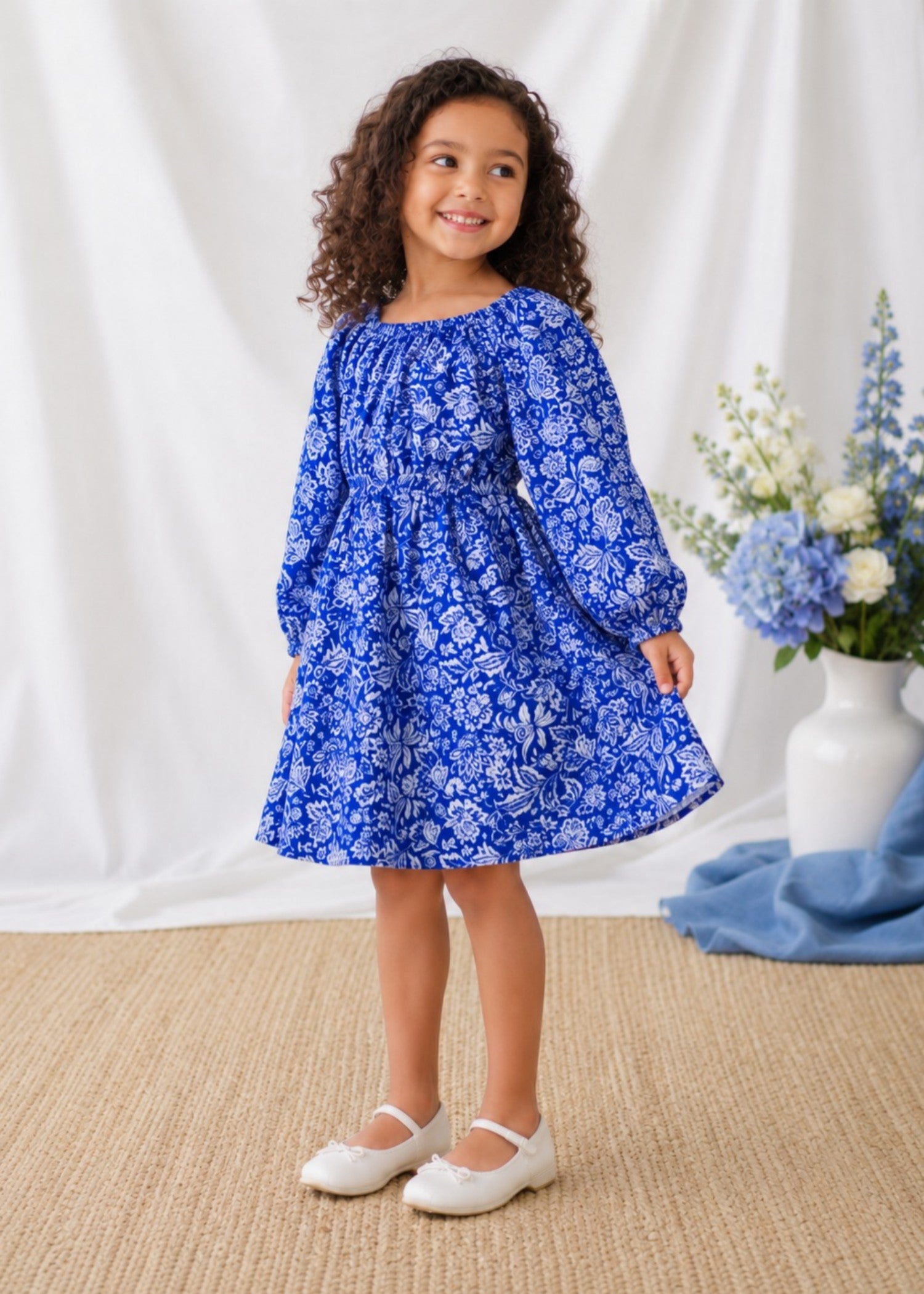 linen Frock in Blue, white